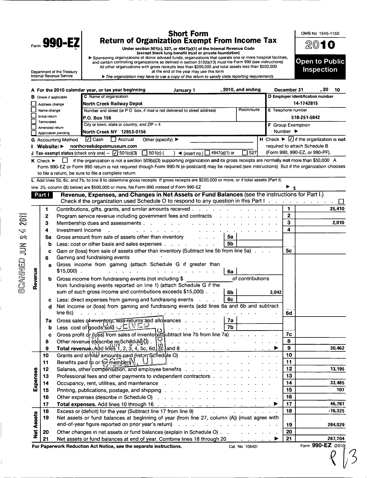 Image of first page of 2010 Form 990EZ for The North Creek Railway Depot Preservation Association