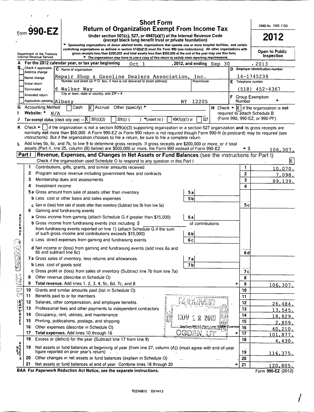 Image of first page of 2012 Form 990EZ for Repair Shop and Gasoline Dealers Association