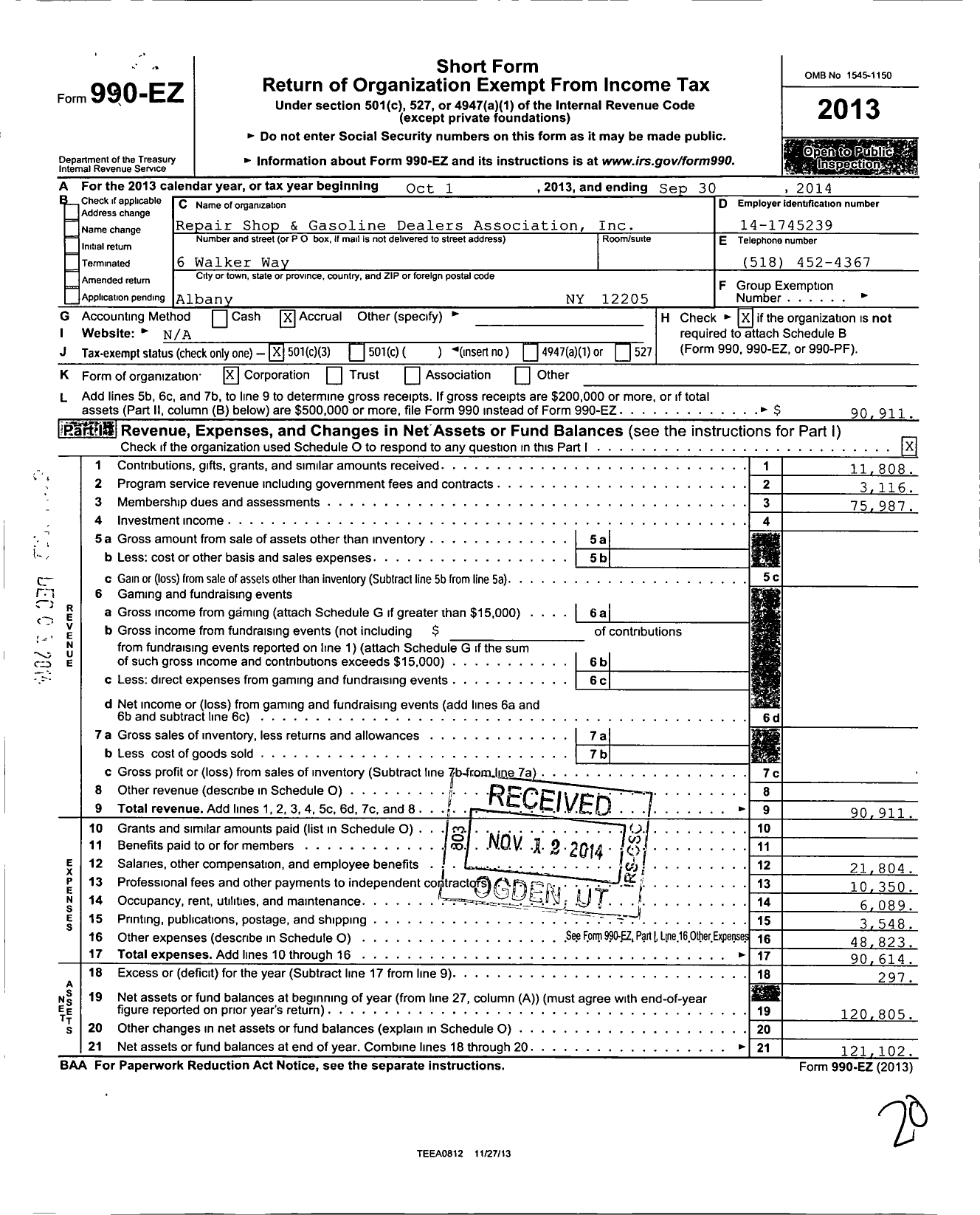 Image of first page of 2013 Form 990EZ for Repair Shop and Gasoline Dealers Association