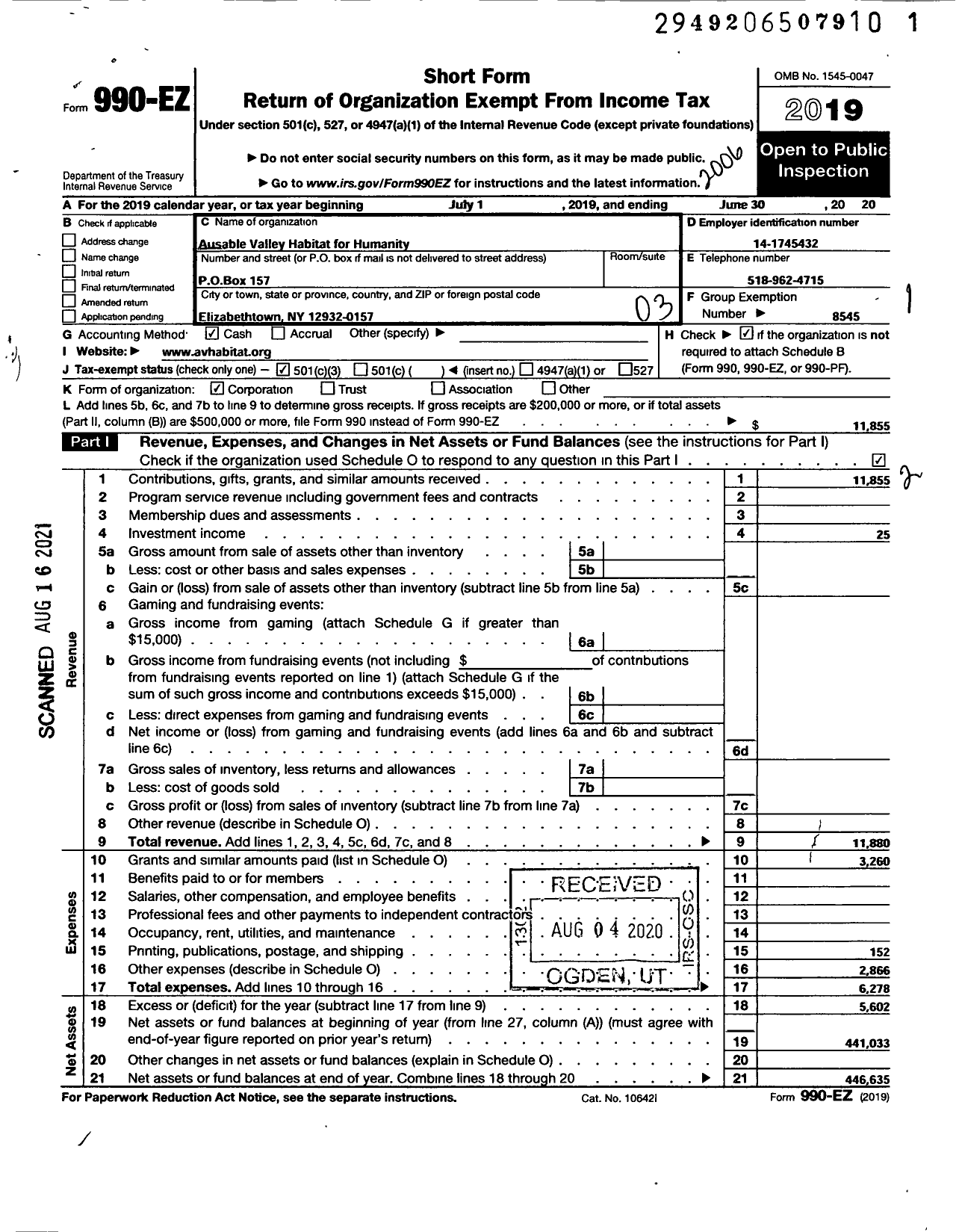 Image of first page of 2019 Form 990EZ for Habitat for Humanity - Au Sable Valley Habitat for for Hum