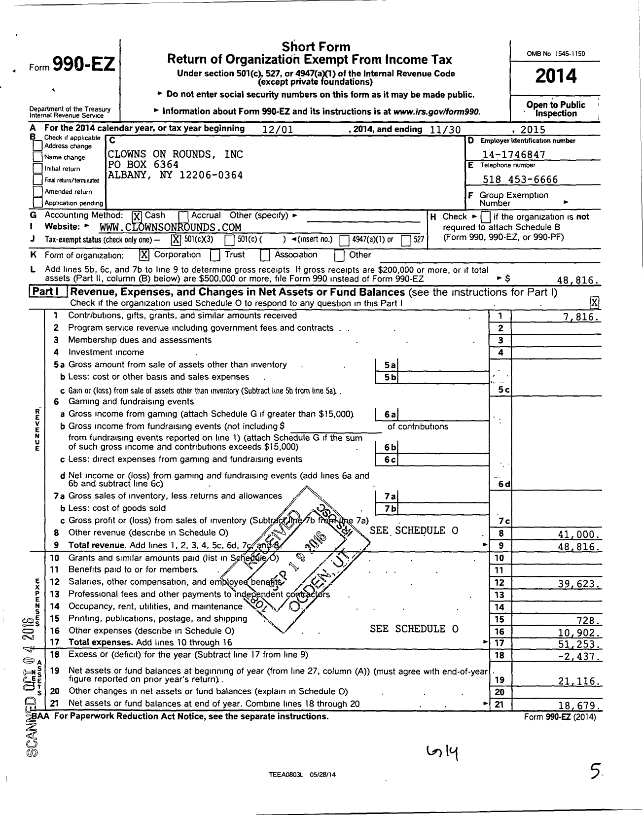 Image of first page of 2014 Form 990EZ for Clowns on Rounds Incorporated