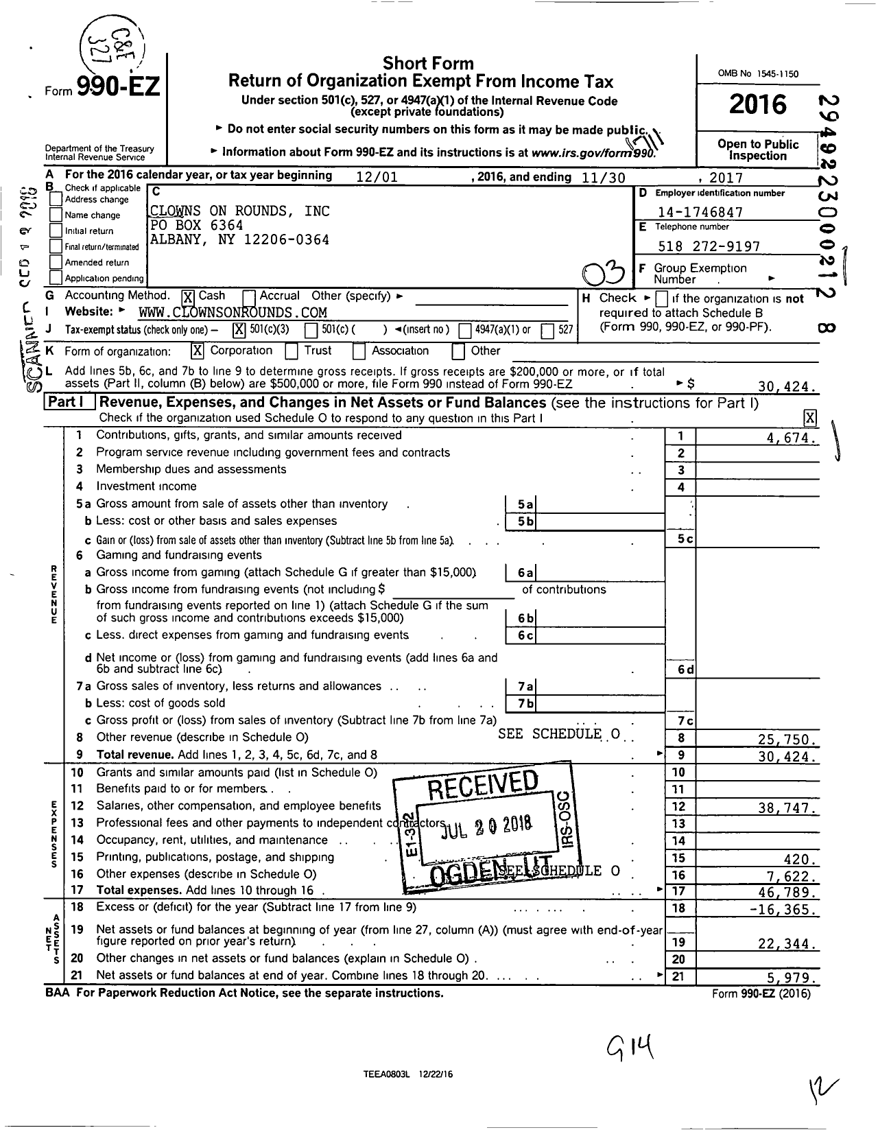 Image of first page of 2016 Form 990EZ for Clowns on Rounds Incorporated