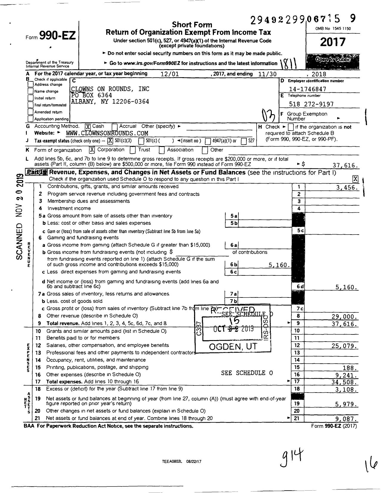 Image of first page of 2017 Form 990EZ for Clowns on Rounds Incorporated