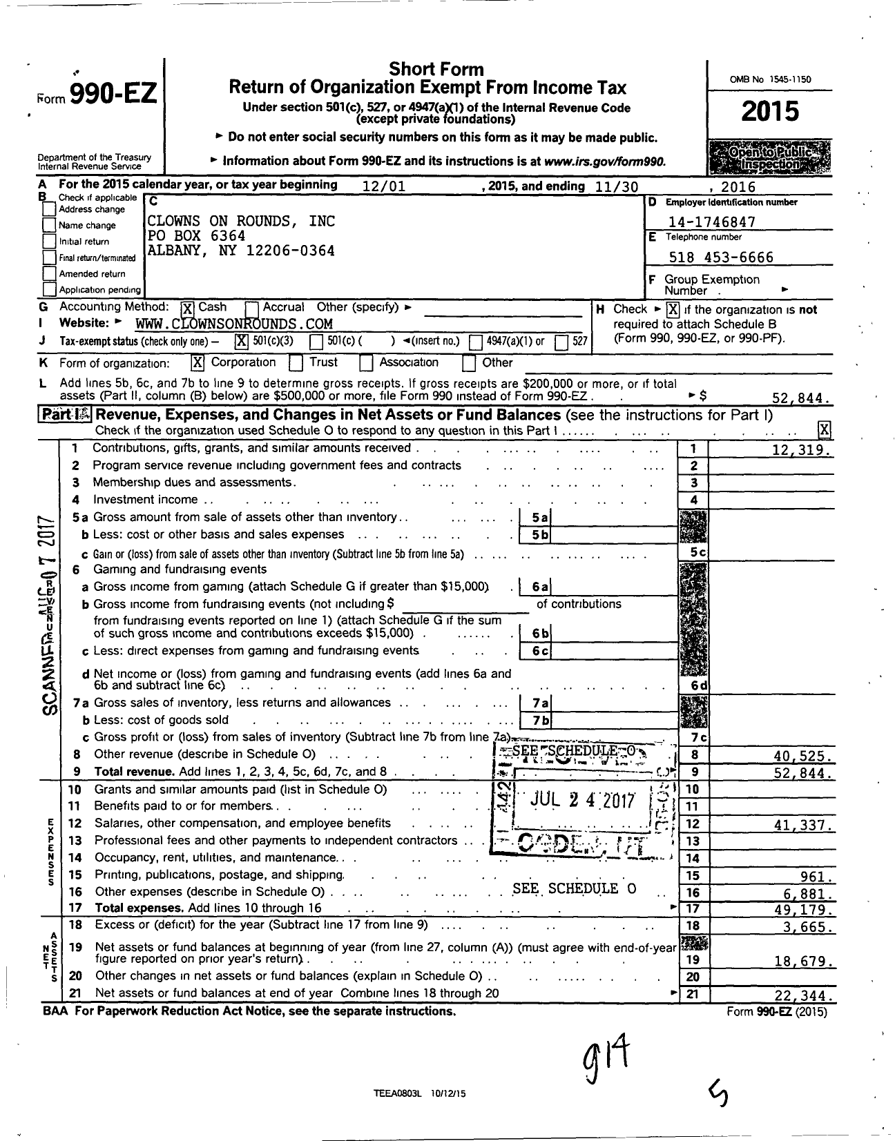 Image of first page of 2015 Form 990EZ for Clowns on Rounds Incorporated