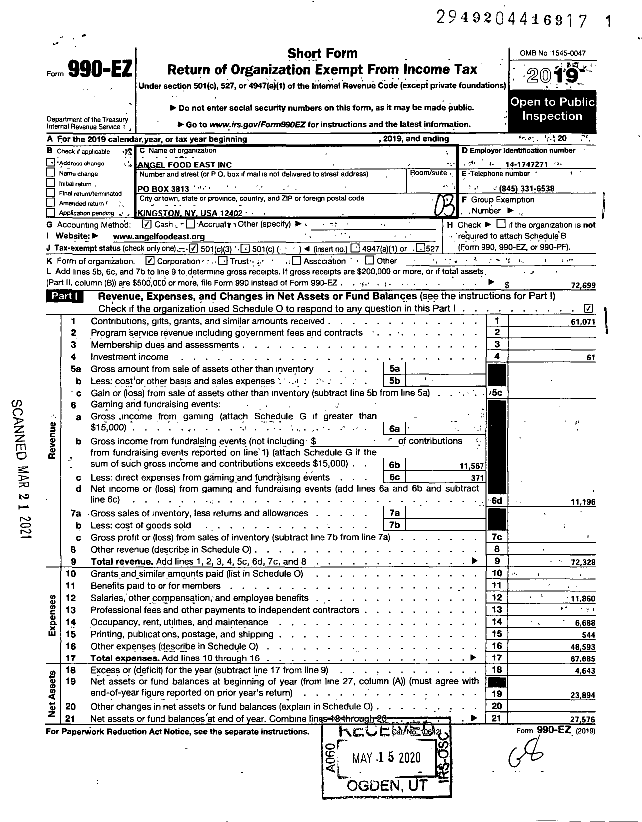 Image of first page of 2019 Form 990EZ for Angel Food East