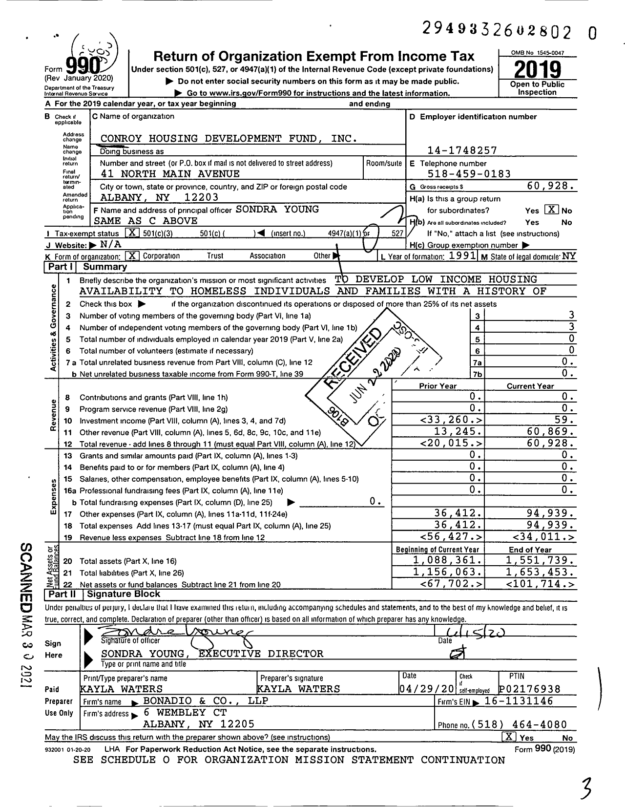 Image of first page of 2019 Form 990 for Conroy Housing Development Fund