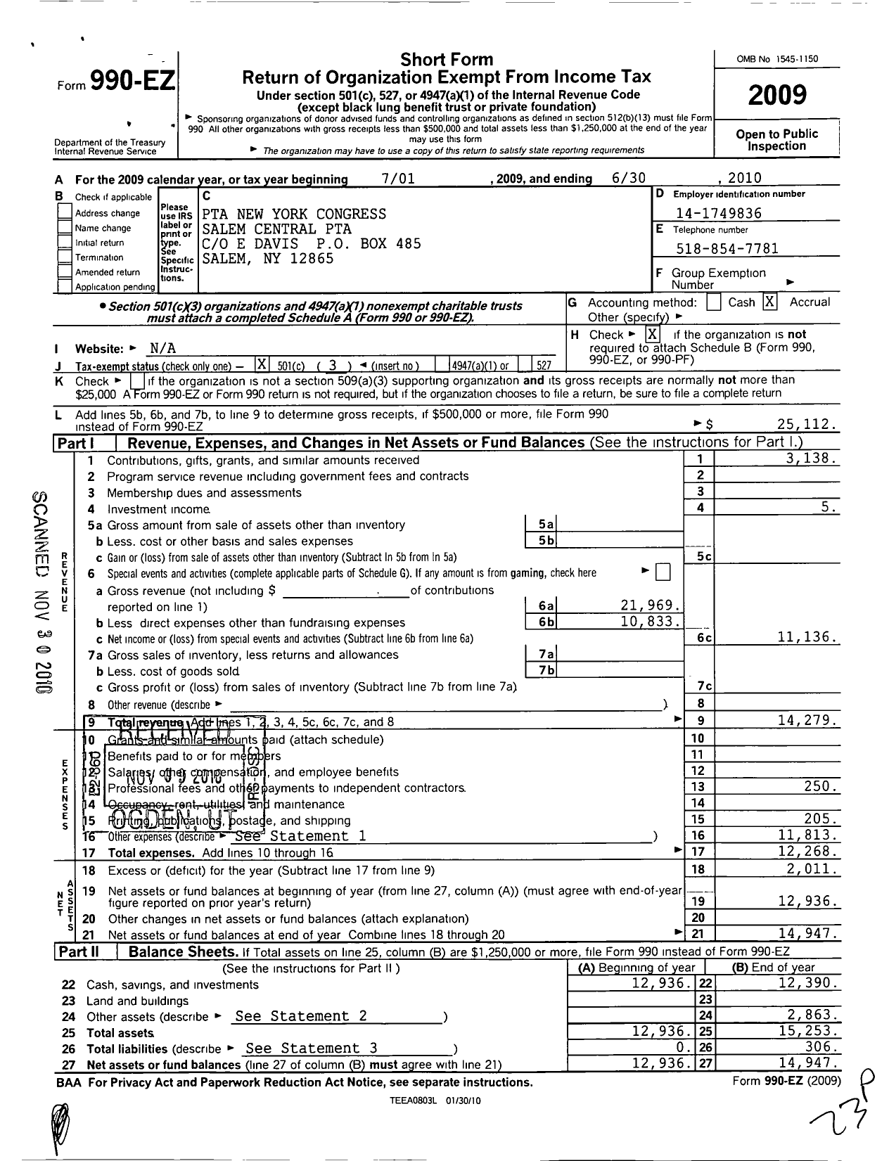 Image of first page of 2009 Form 990EZ for New York State PTA - 12-227 Salem Central School PTA