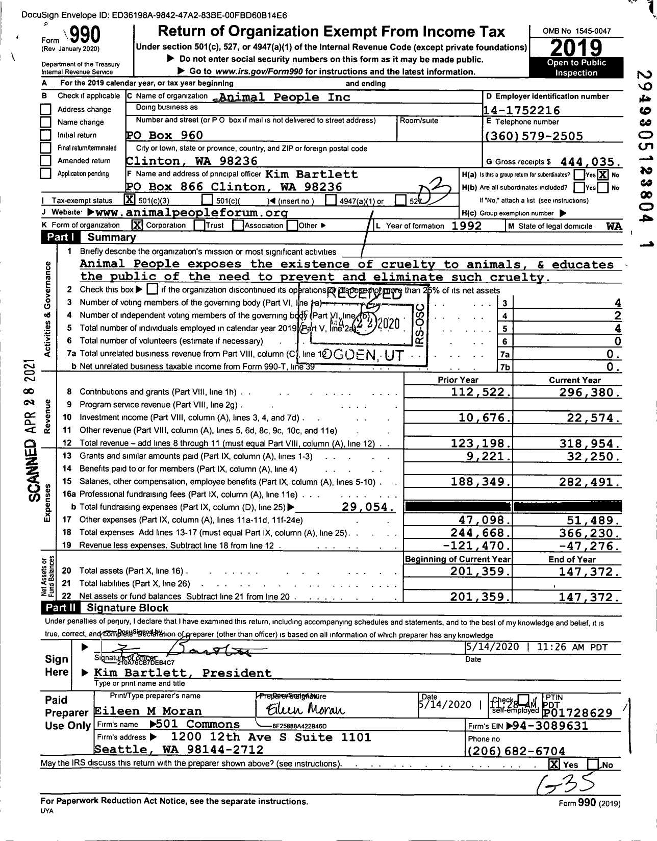 Image of first page of 2019 Form 990 for Animal People