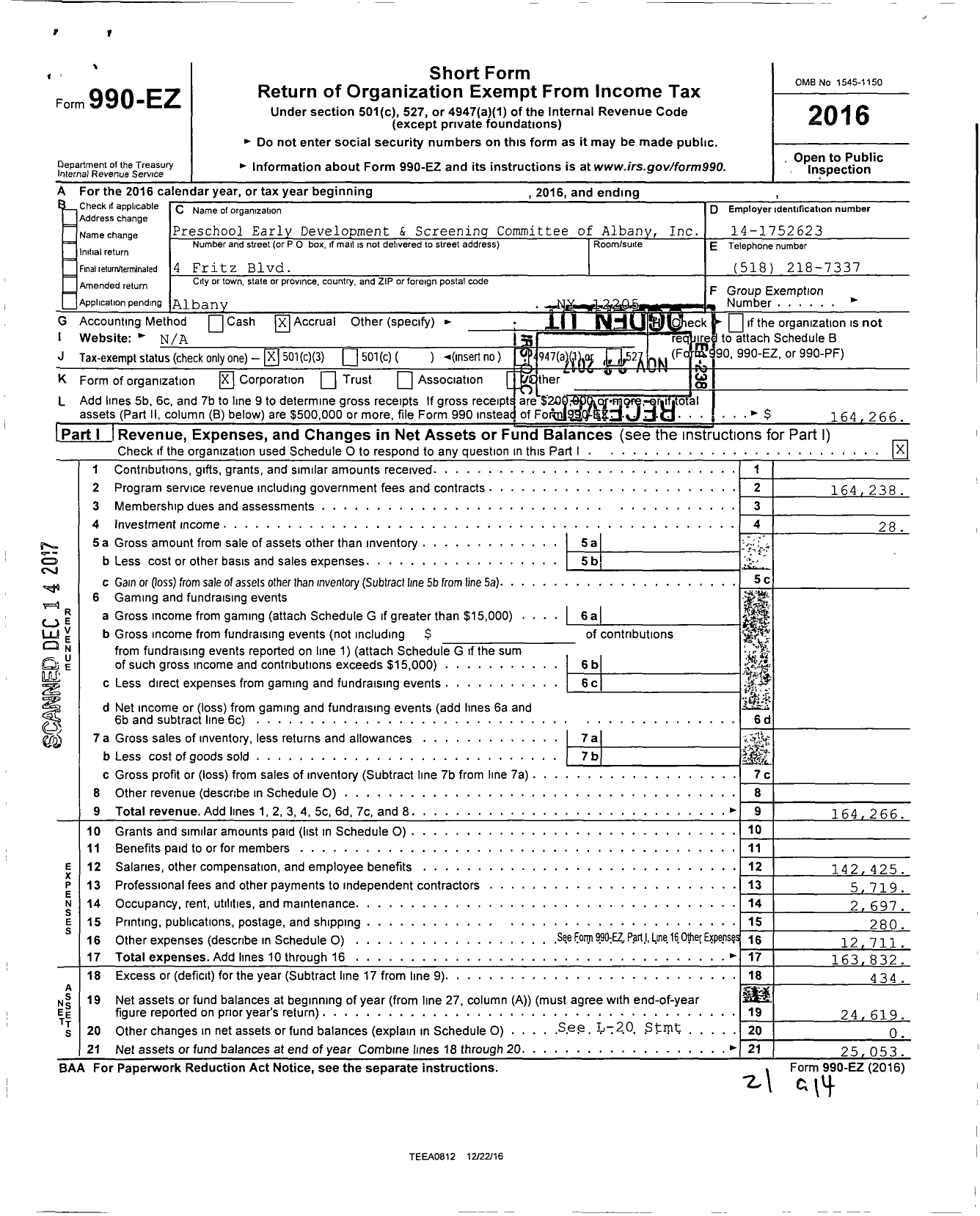 Image of first page of 2016 Form 990EZ for Preschool Early Development and Screening Committee of Albany