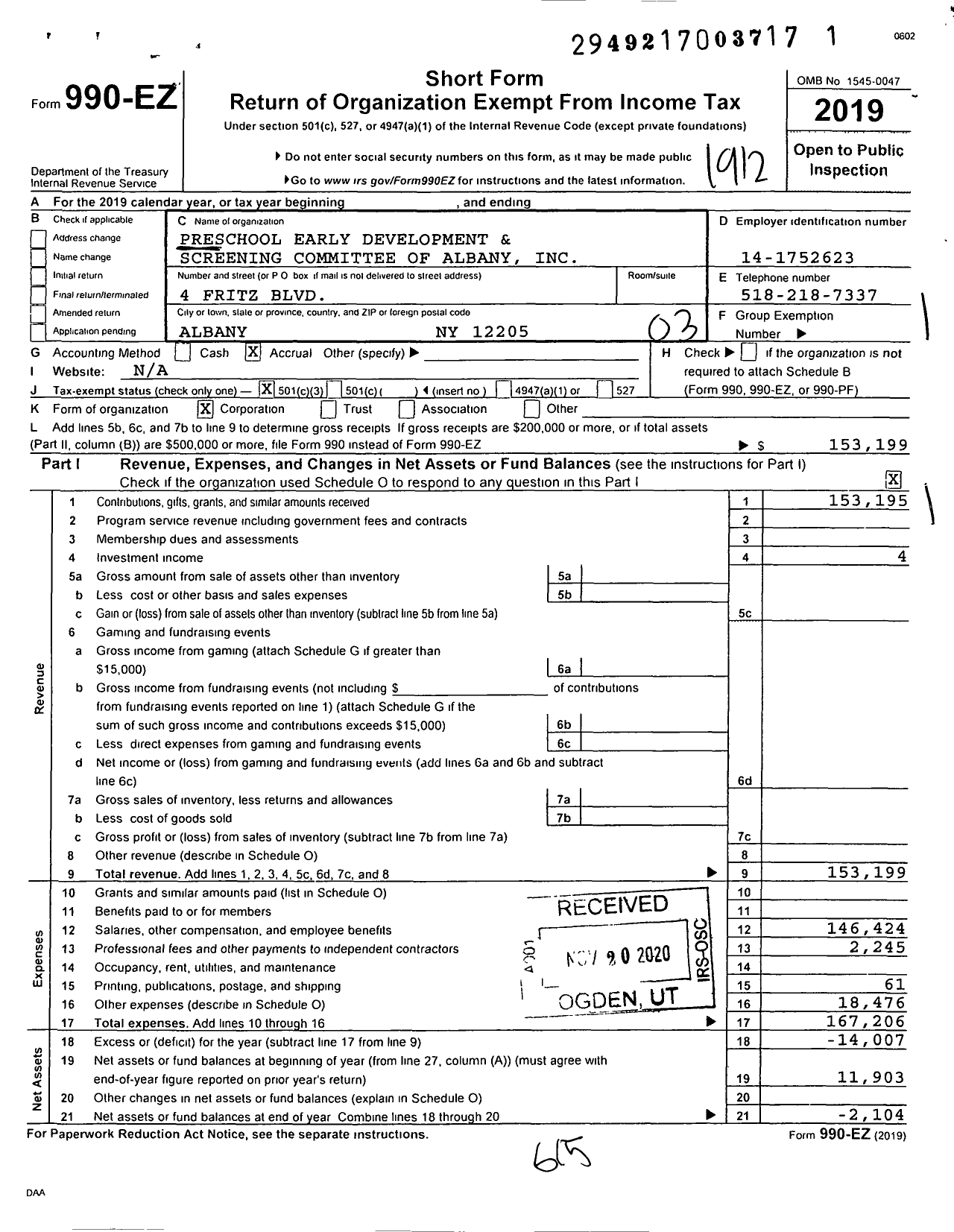 Image of first page of 2019 Form 990EZ for Preschool Early Development and Screening Committee of Albany