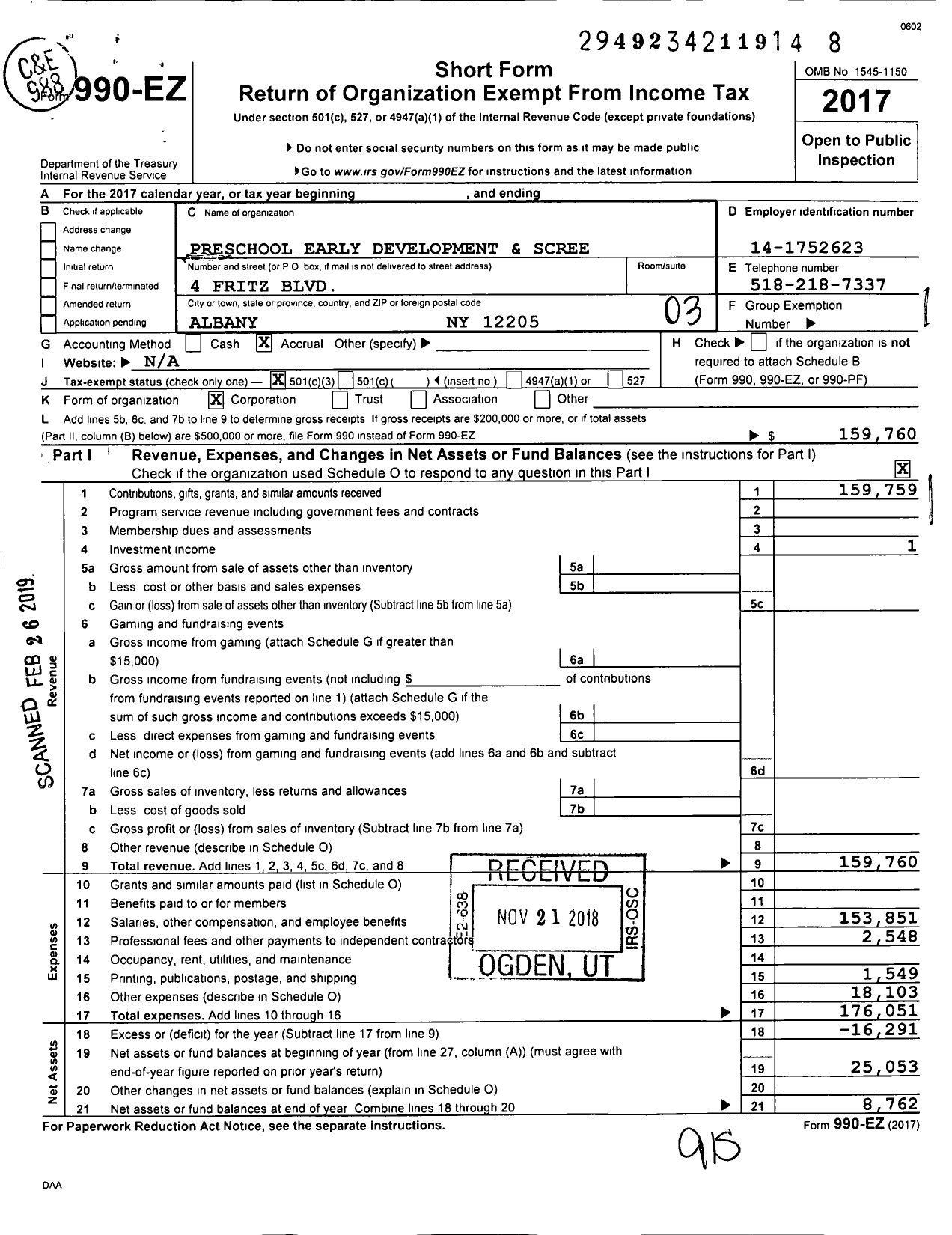 Image of first page of 2017 Form 990EZ for Preschool Early Development and Screening Committee of Albany