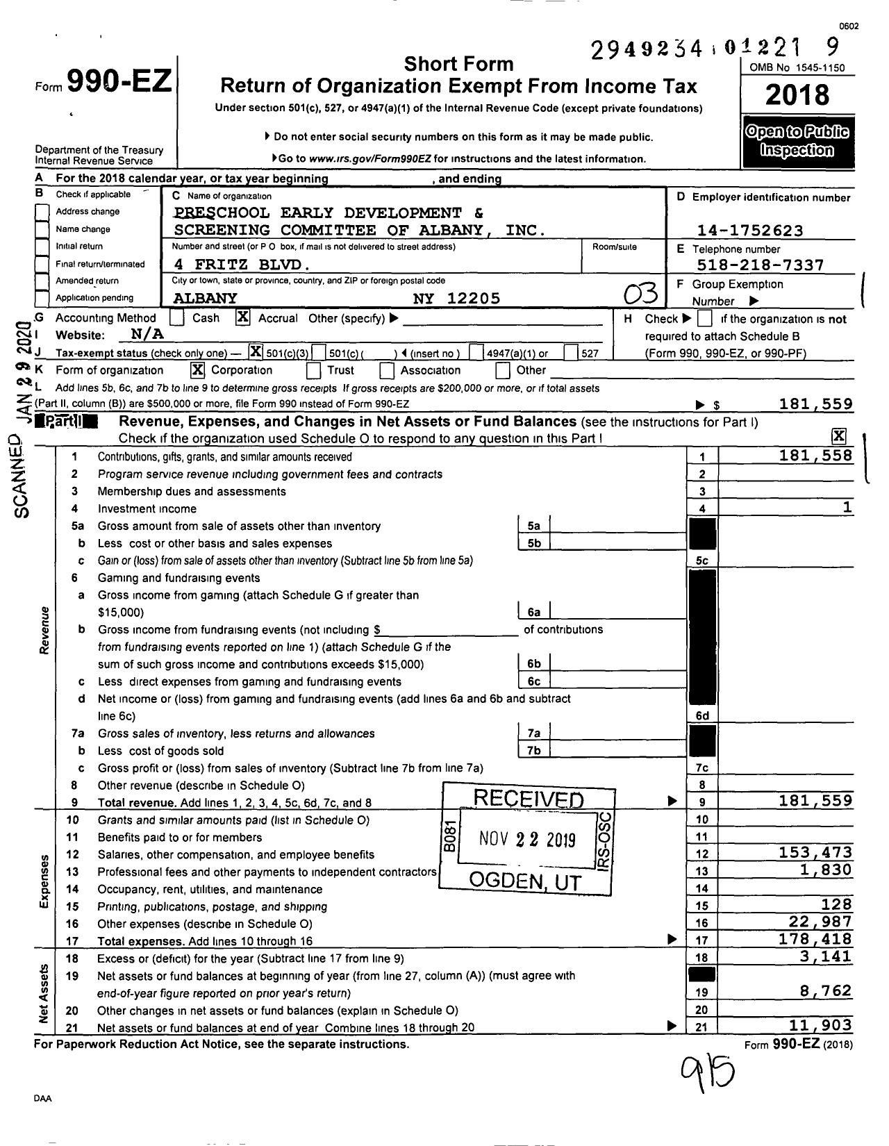 Image of first page of 2018 Form 990EZ for Preschool Early Development and Screening Committee of Albany