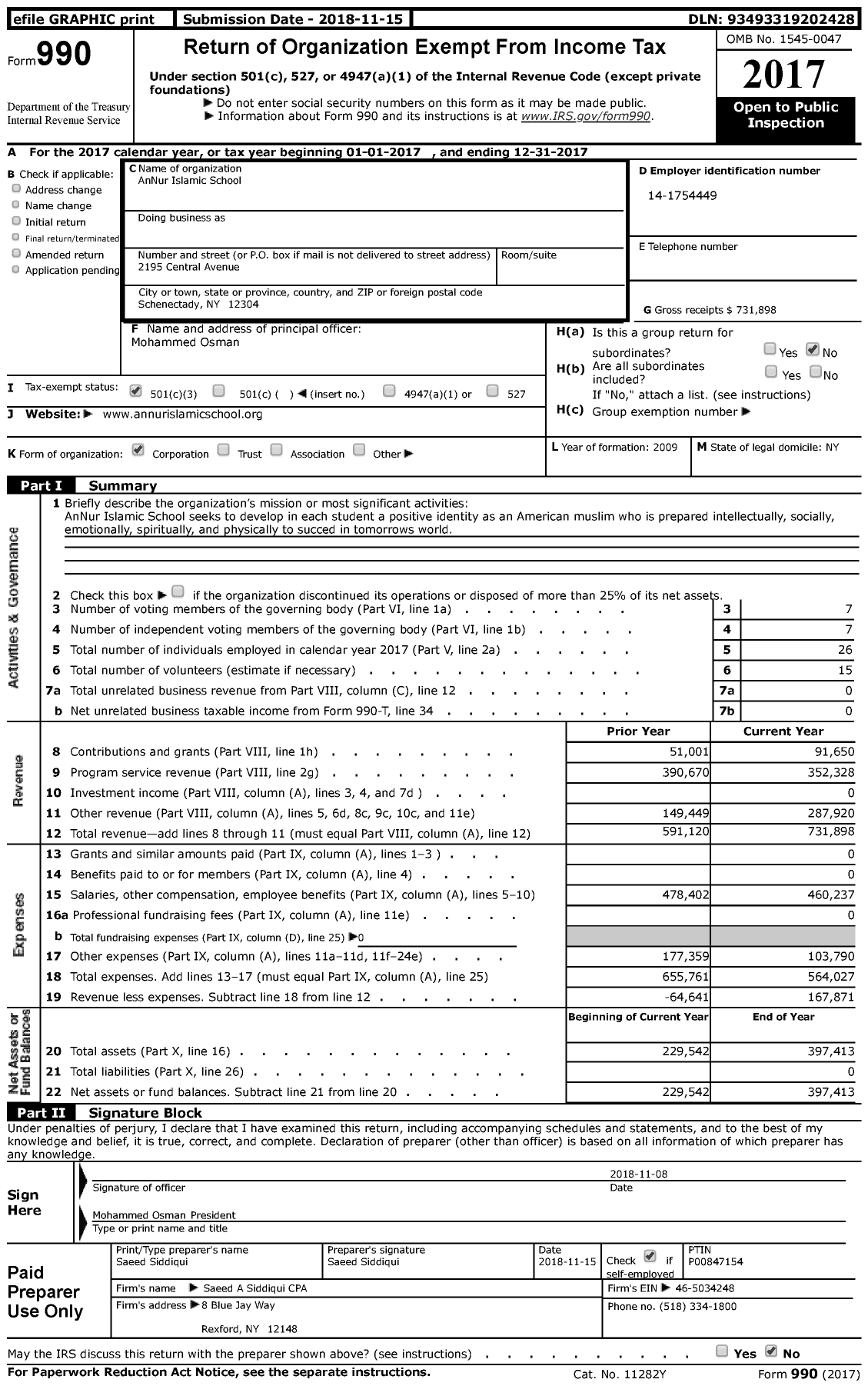 Image of first page of 2017 Form 990 for AnNur Islamic School (AIS)