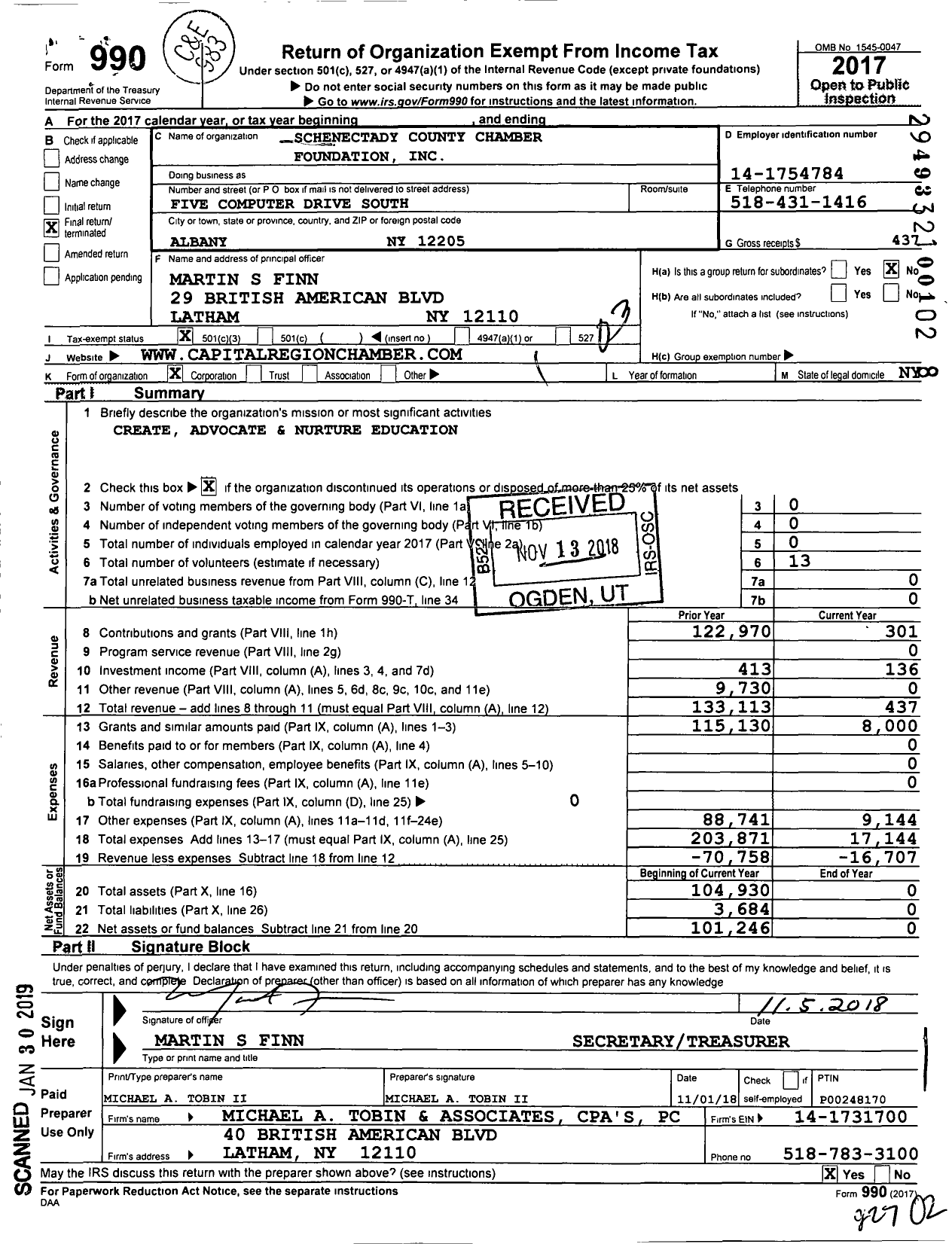 Image of first page of 2017 Form 990 for Schenectady County Chamber Foundation