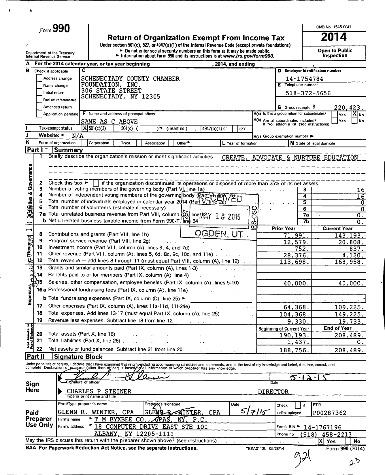 Image of first page of 2014 Form 990 for Schenectady County Chamber Foundation