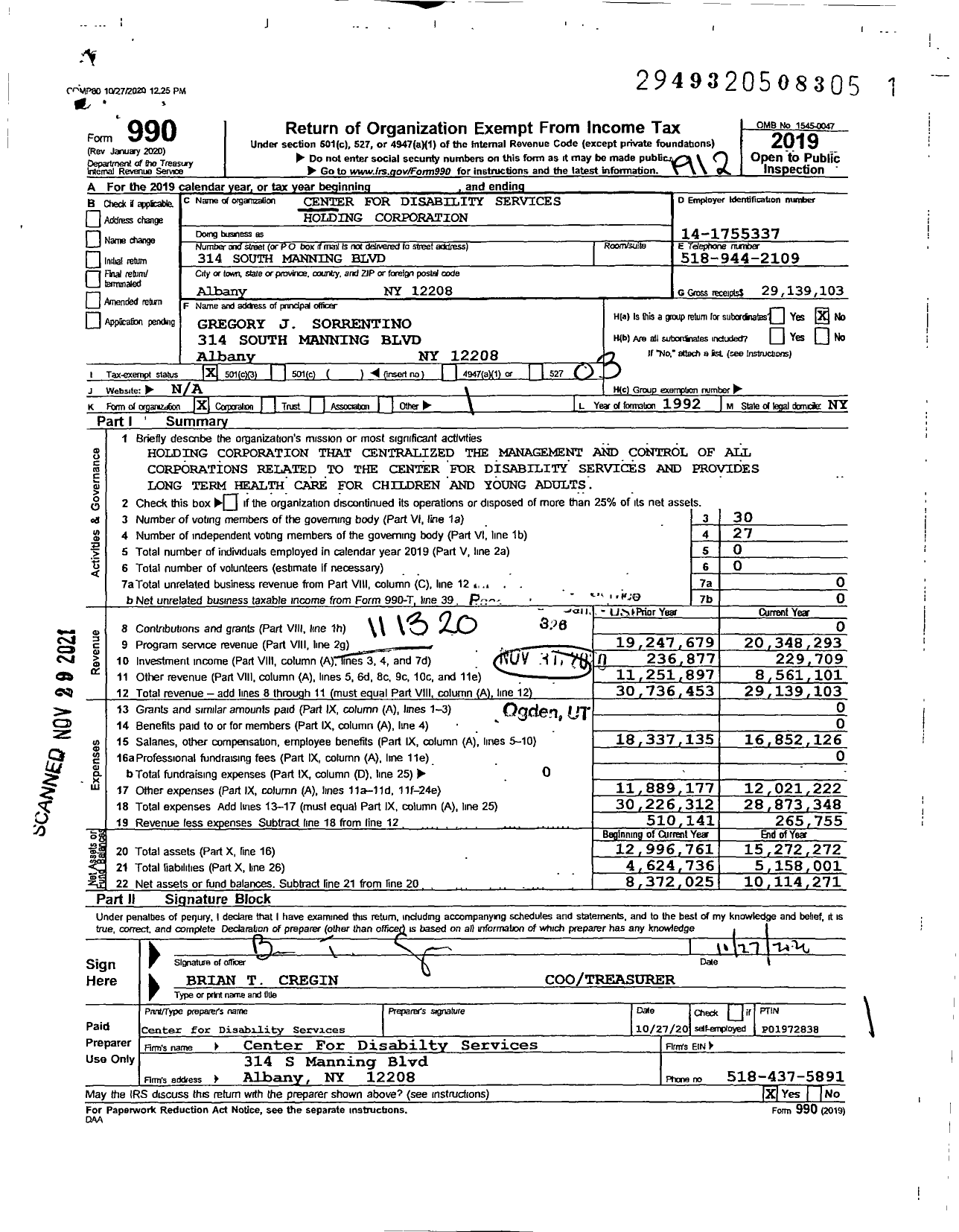 Image of first page of 2019 Form 990 for Center for Disability Services