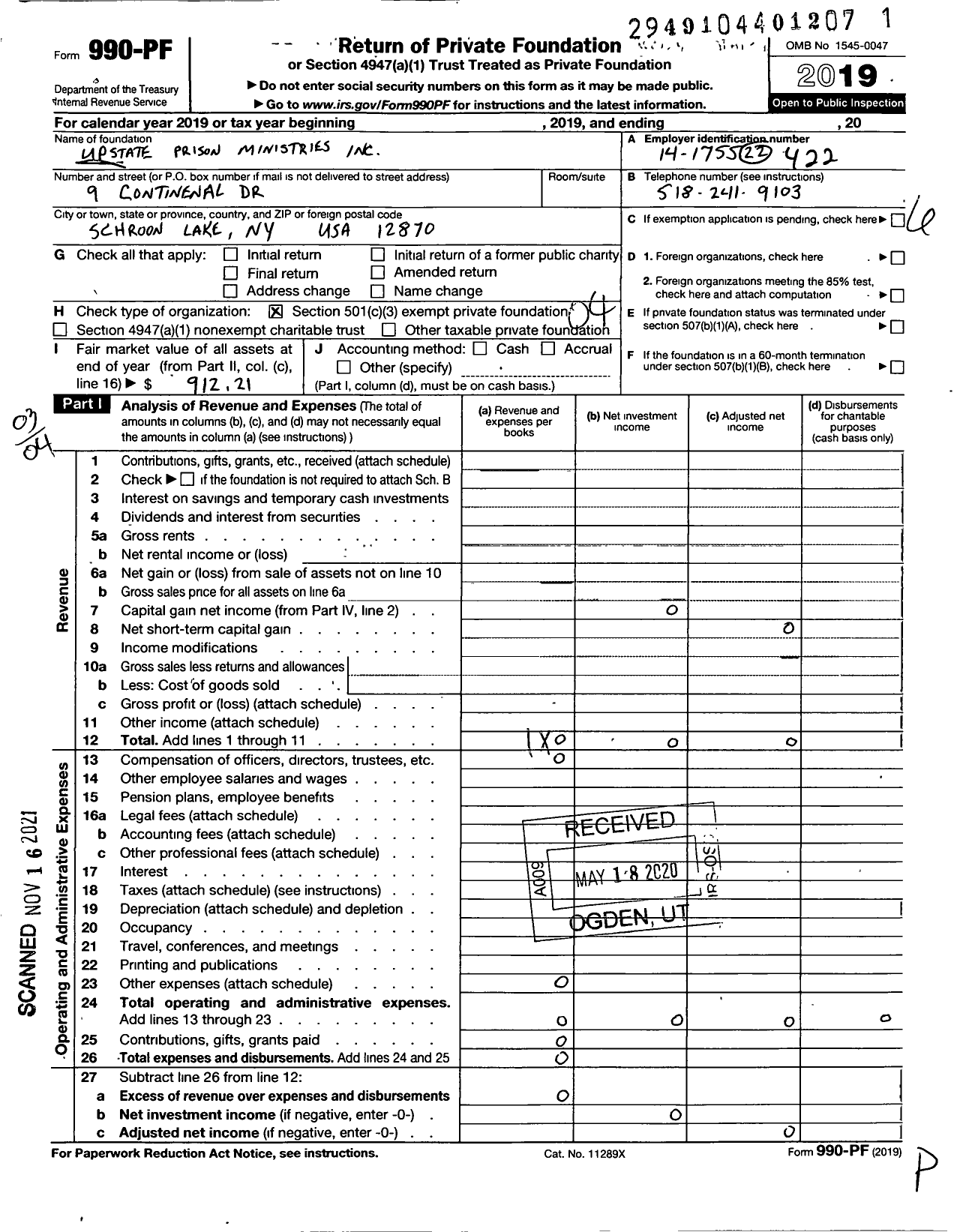 Image of first page of 2019 Form 990PF for Upstate Prison Ministries