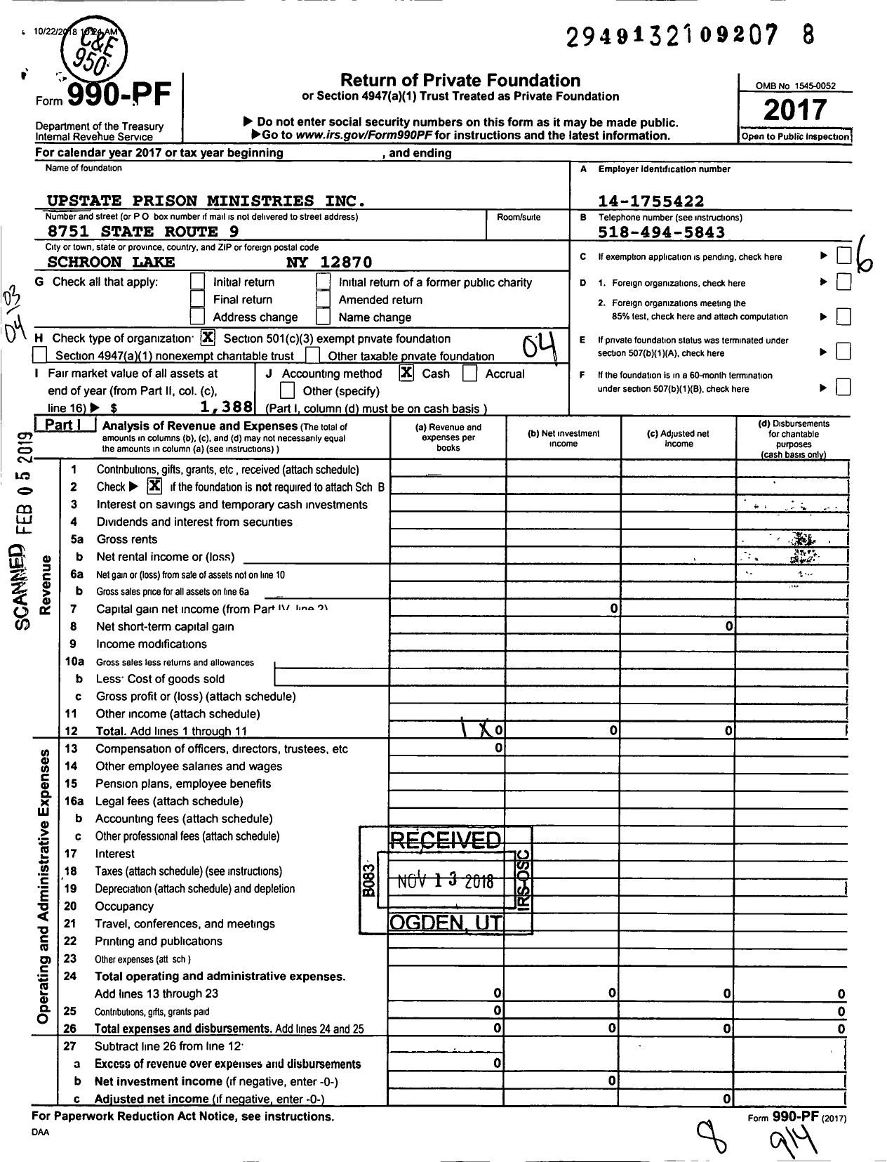 Image of first page of 2017 Form 990PF for Upstate Prison Ministries