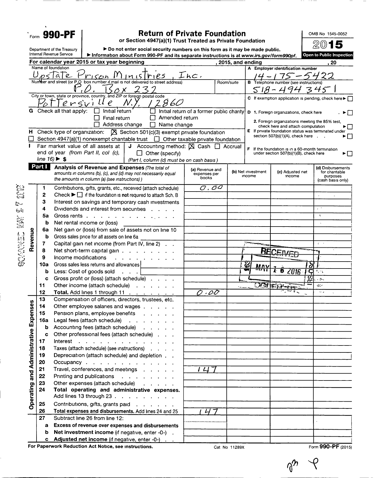 Image of first page of 2015 Form 990PF for Upstate Prison Ministries