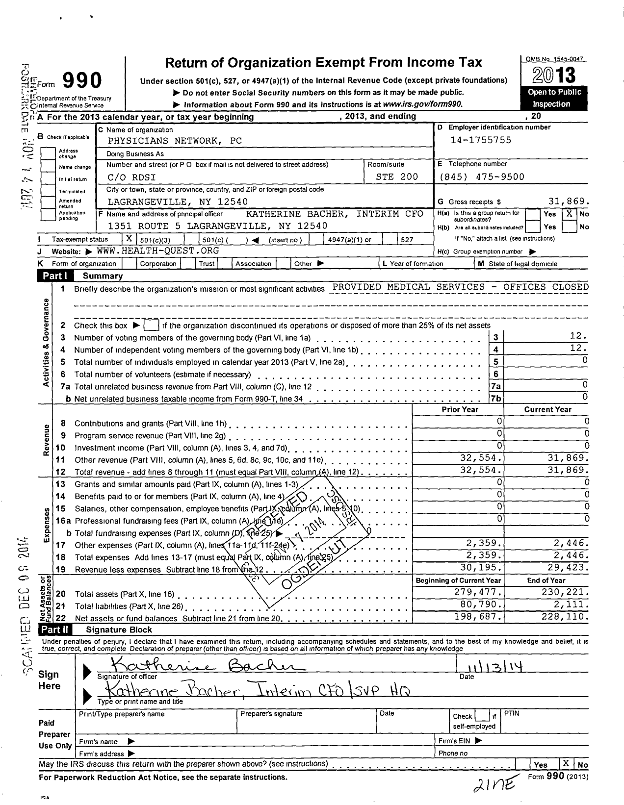 Image of first page of 2013 Form 990 for Physicians Network PC