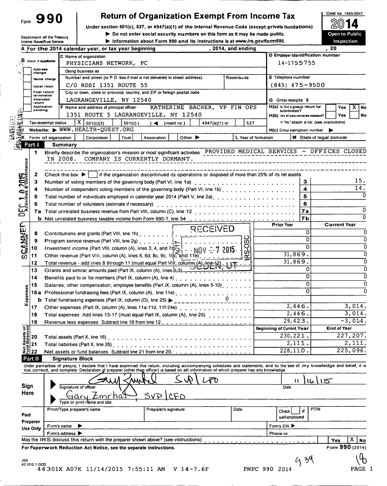 Image of first page of 2014 Form 990 for Physicians Network PC