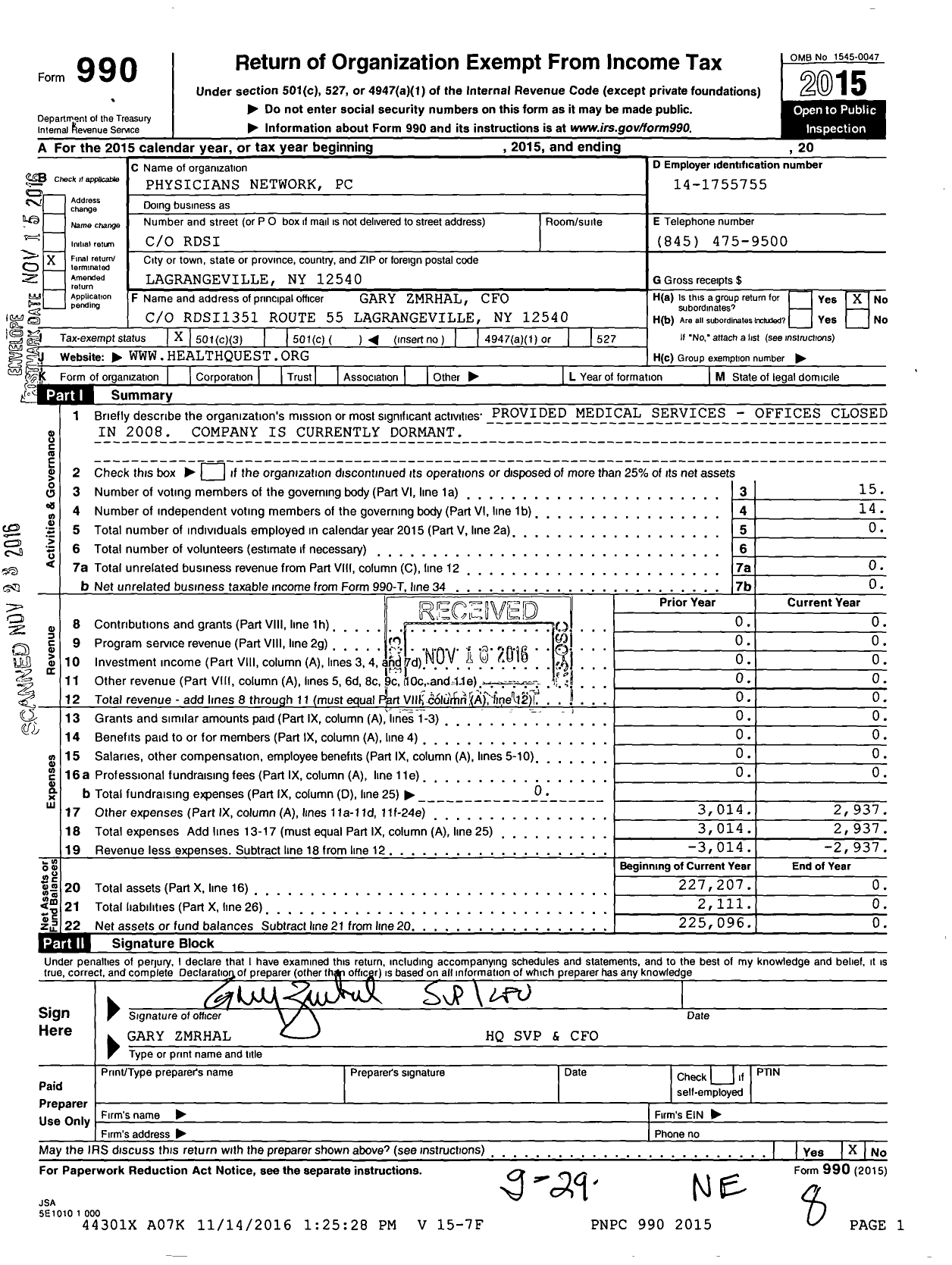 Image of first page of 2015 Form 990 for Physicians Network PC