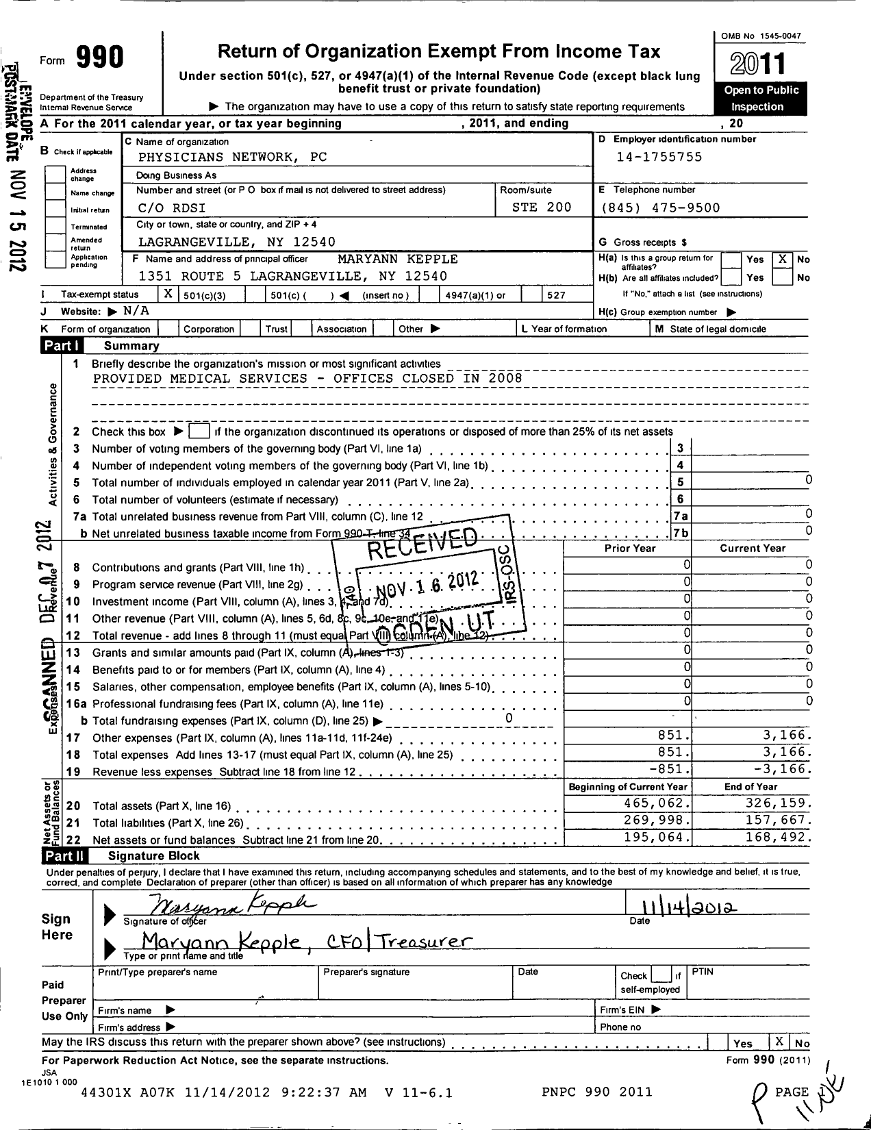 Image of first page of 2011 Form 990 for Physicians Network PC