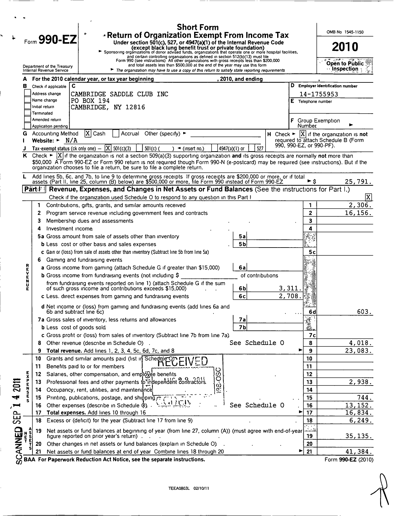 Image of first page of 2010 Form 990EZ for Cambridge Saddle Club
