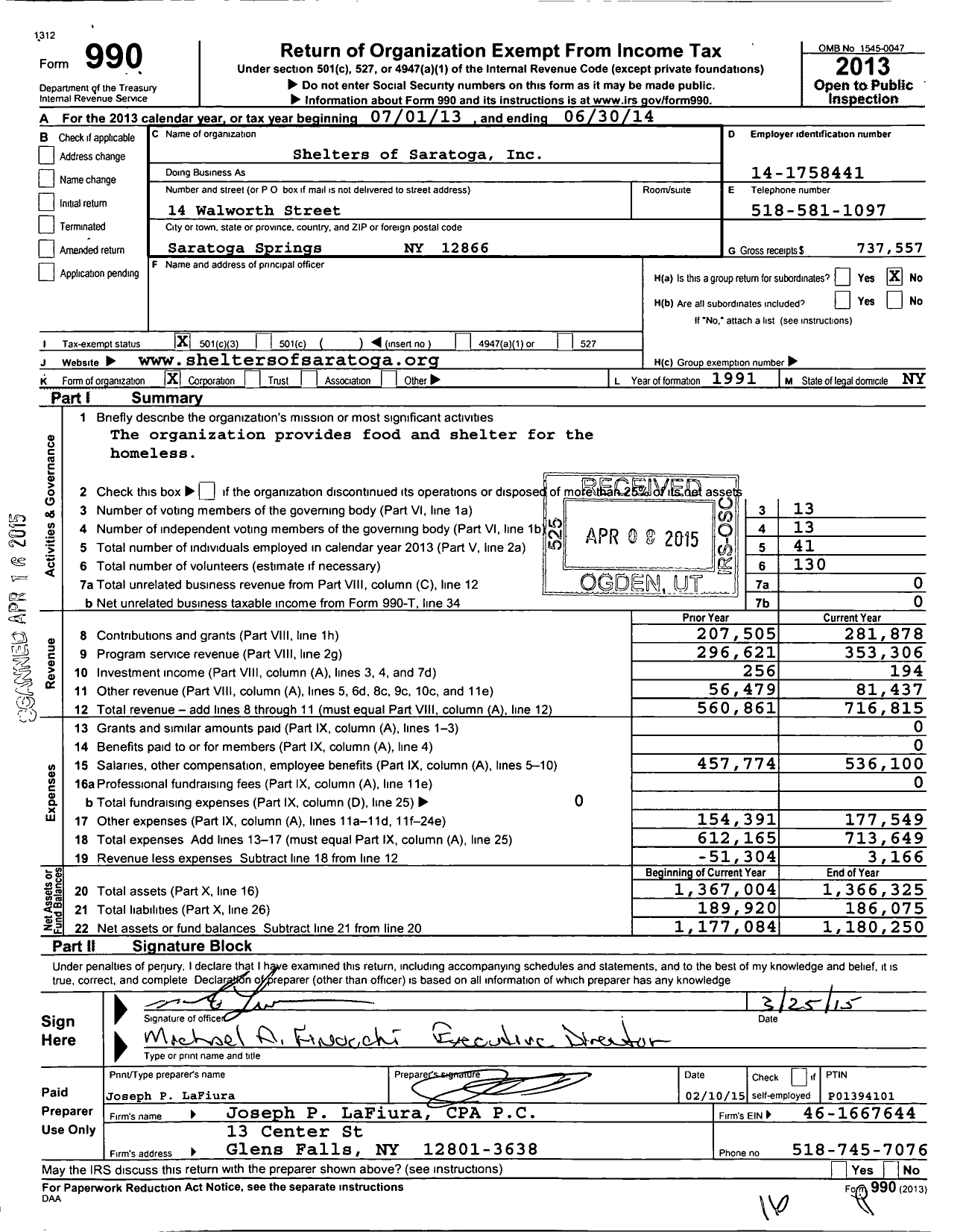 Image of first page of 2013 Form 990 for Shelters of Saratoga