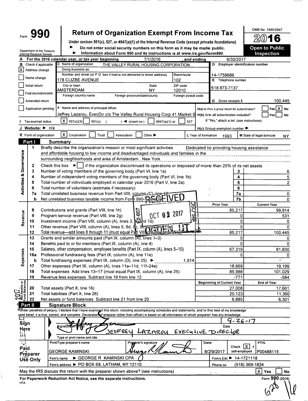 Image of first page of 2016 Form 990 for The Valley Rural Housing Corporation