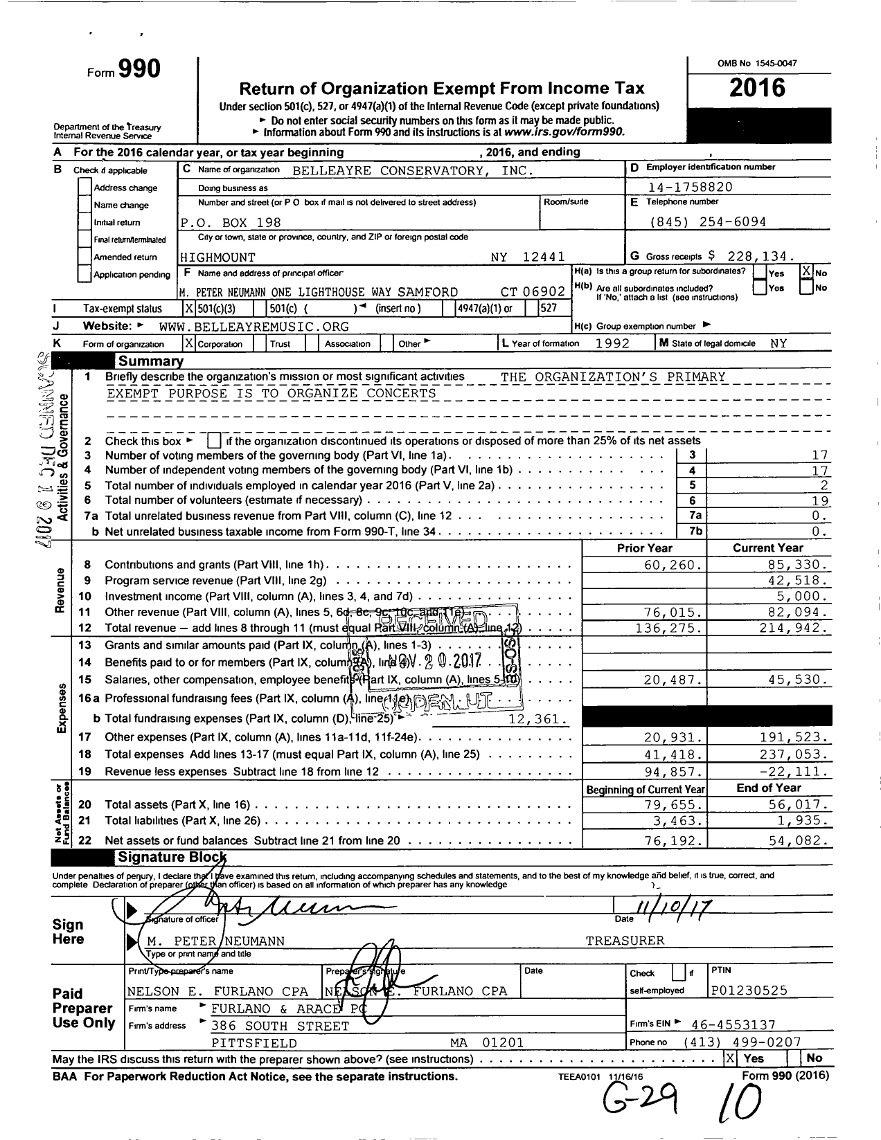 Image of first page of 2016 Form 990 for Belleayre Conservatory