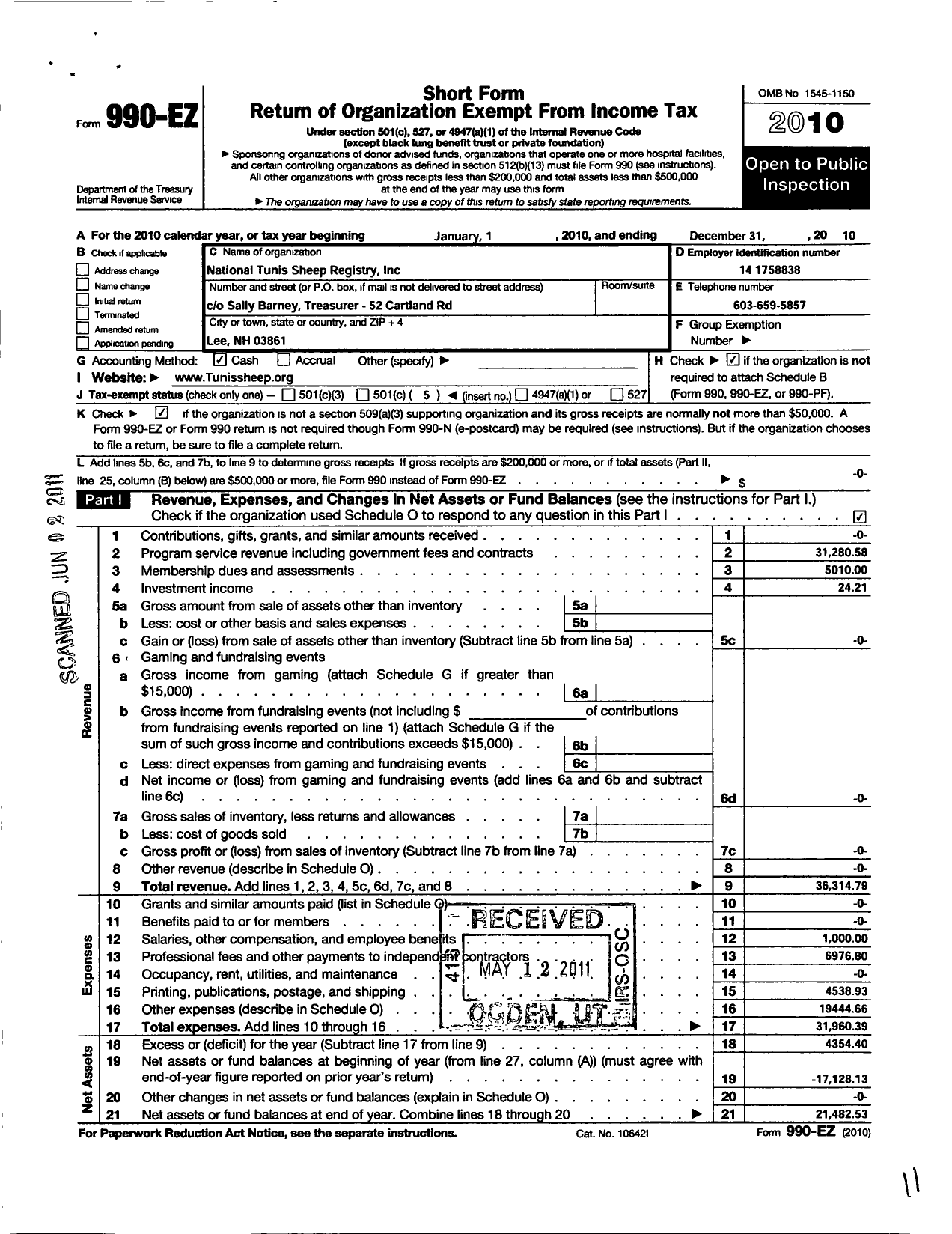 Image of first page of 2010 Form 990EO for National Tunis Sheep Registry