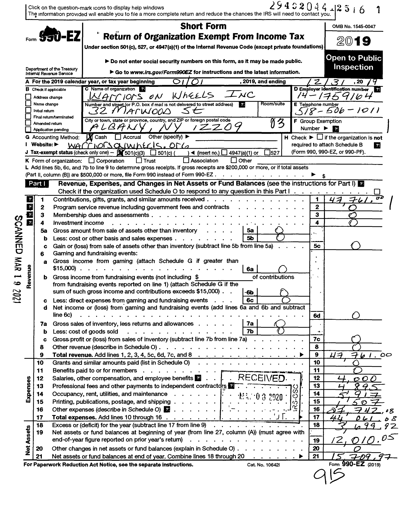 Image of first page of 2019 Form 990EZ for Warriors on Wheels