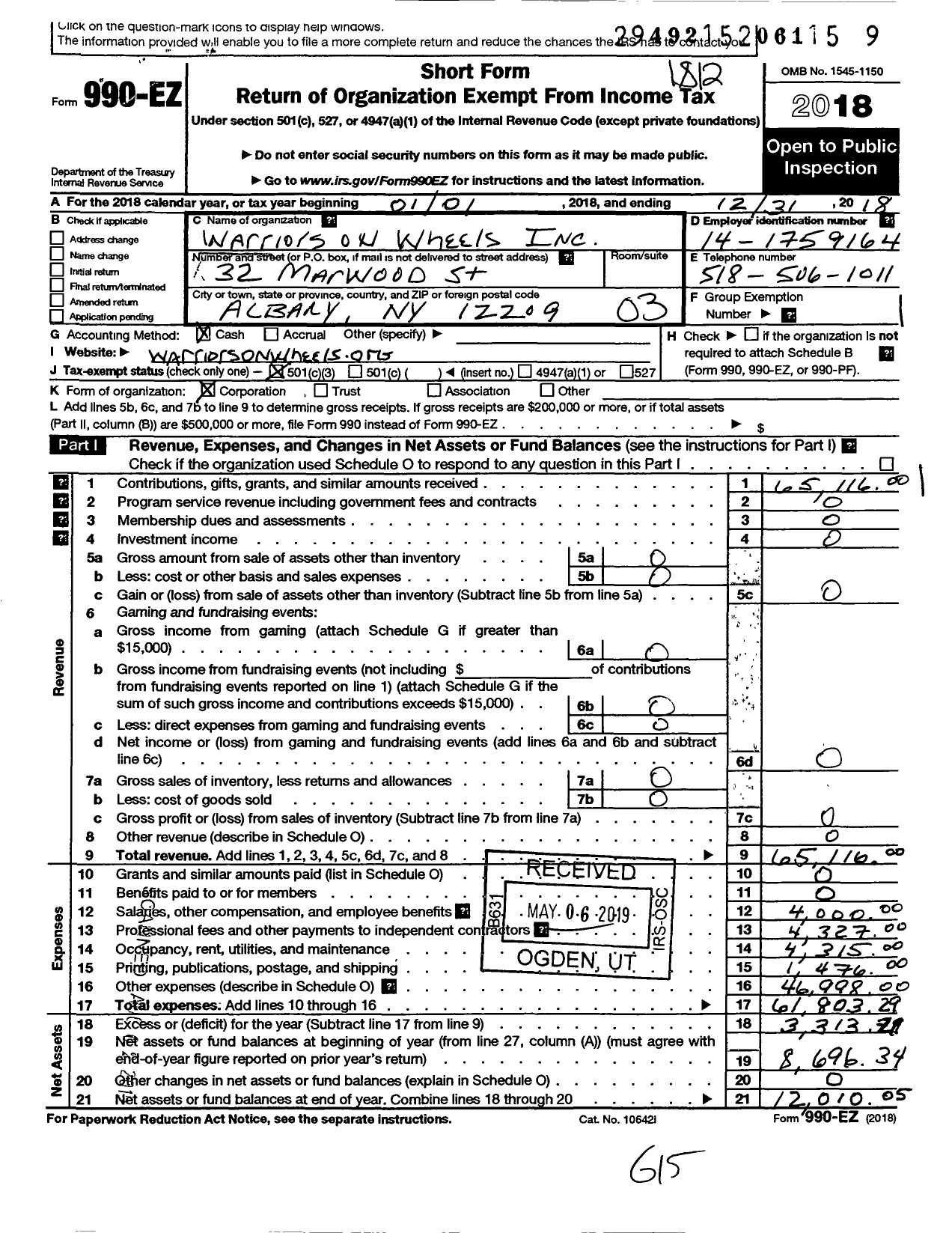 Image of first page of 2018 Form 990EZ for Warriors on Wheels