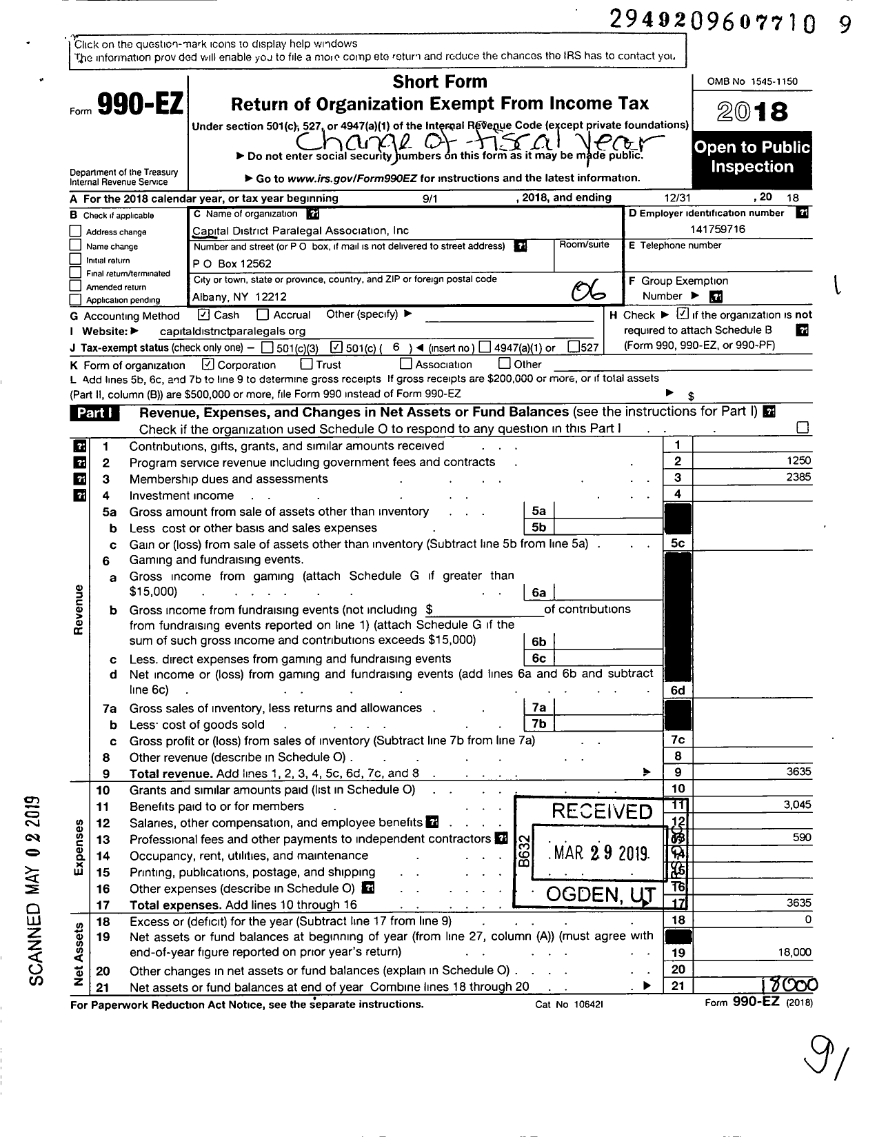 Image of first page of 2018 Form 990EO for Capital District Paralegal Association