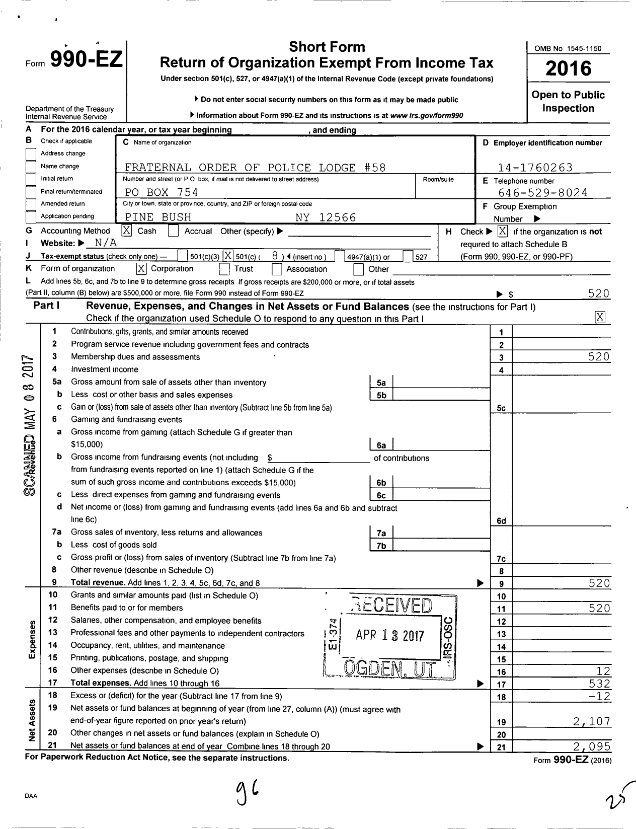 Image of first page of 2016 Form 990EO for Fraternal Order of Police - 58 Eagles Nest Lodge