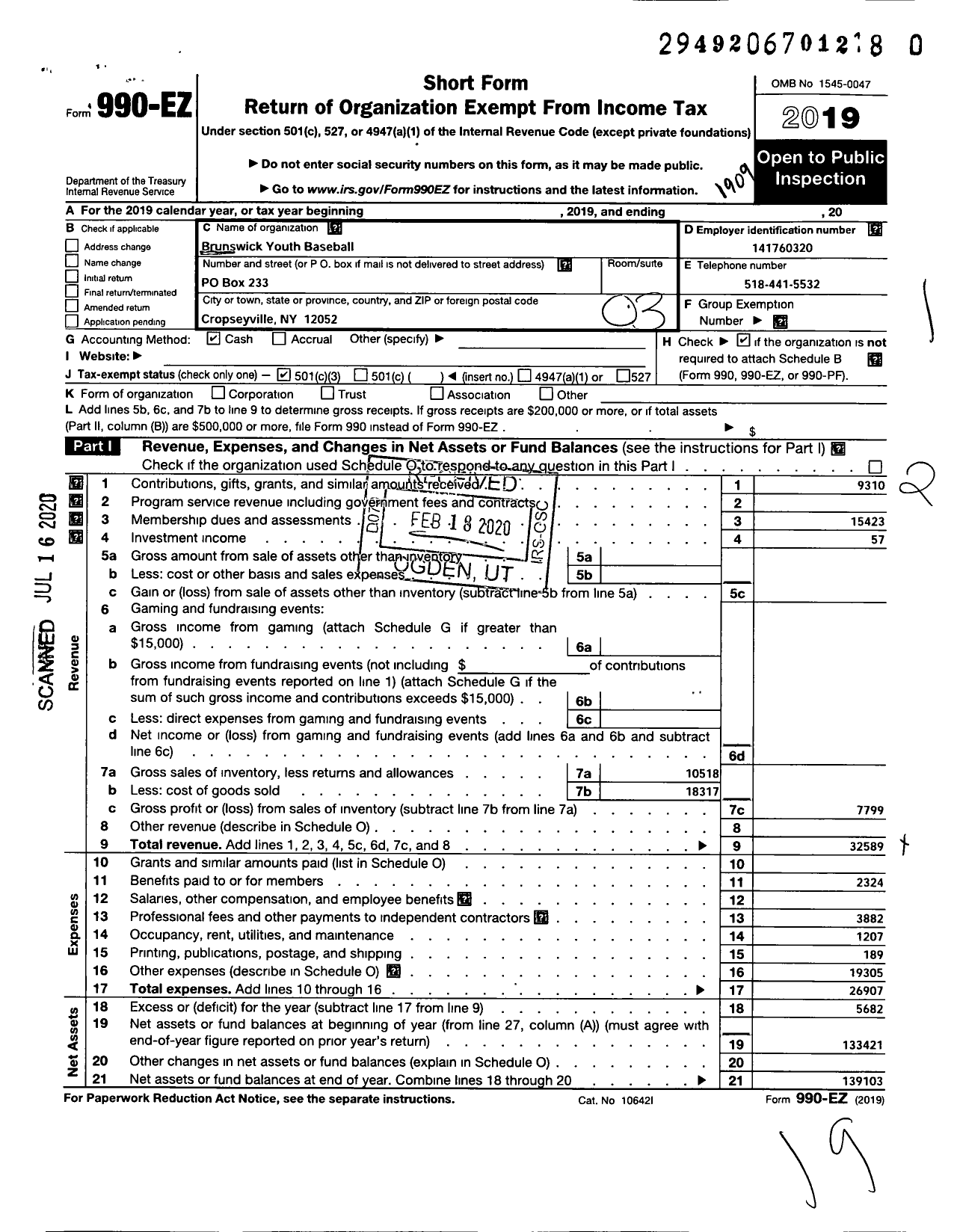 Image of first page of 2018 Form 990EZ for Brunswick Youth Baseball