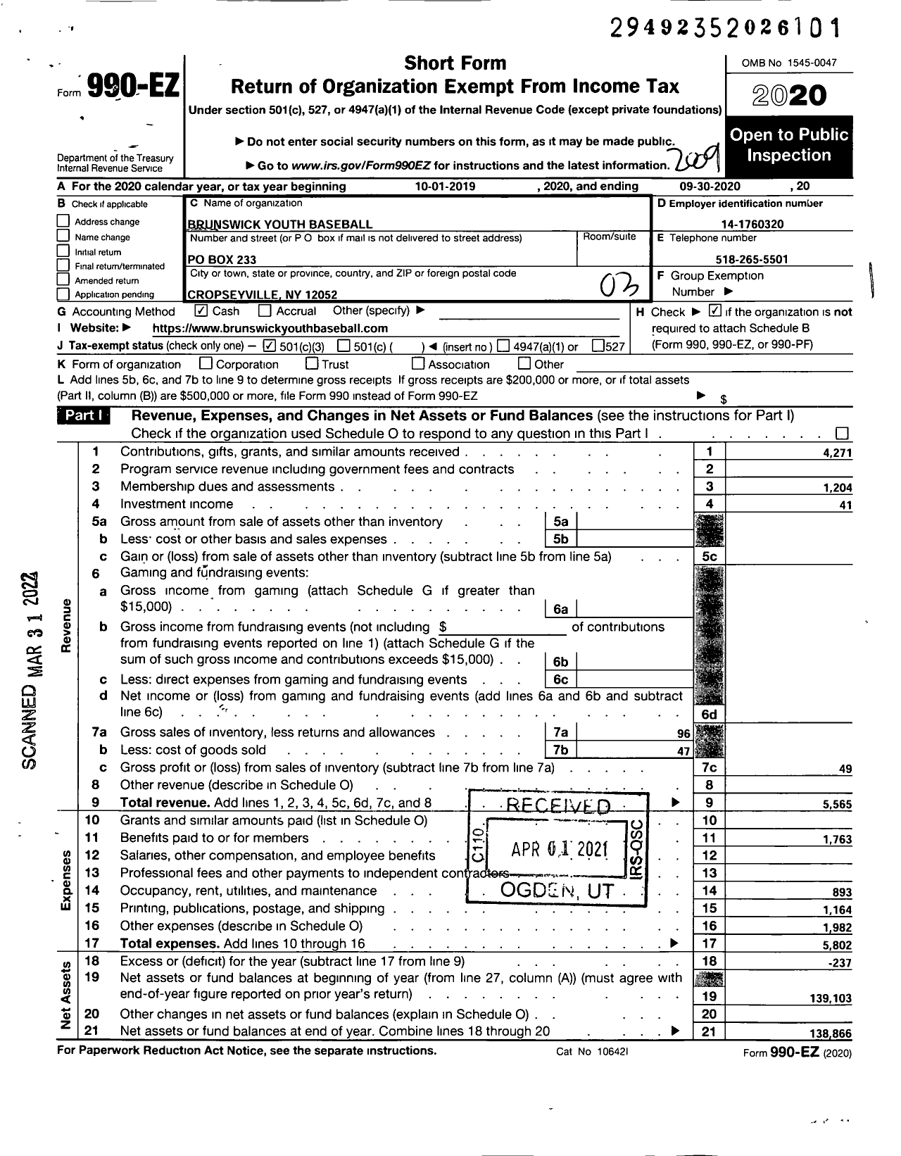 Image of first page of 2019 Form 990EZ for Brunswick Youth Baseball