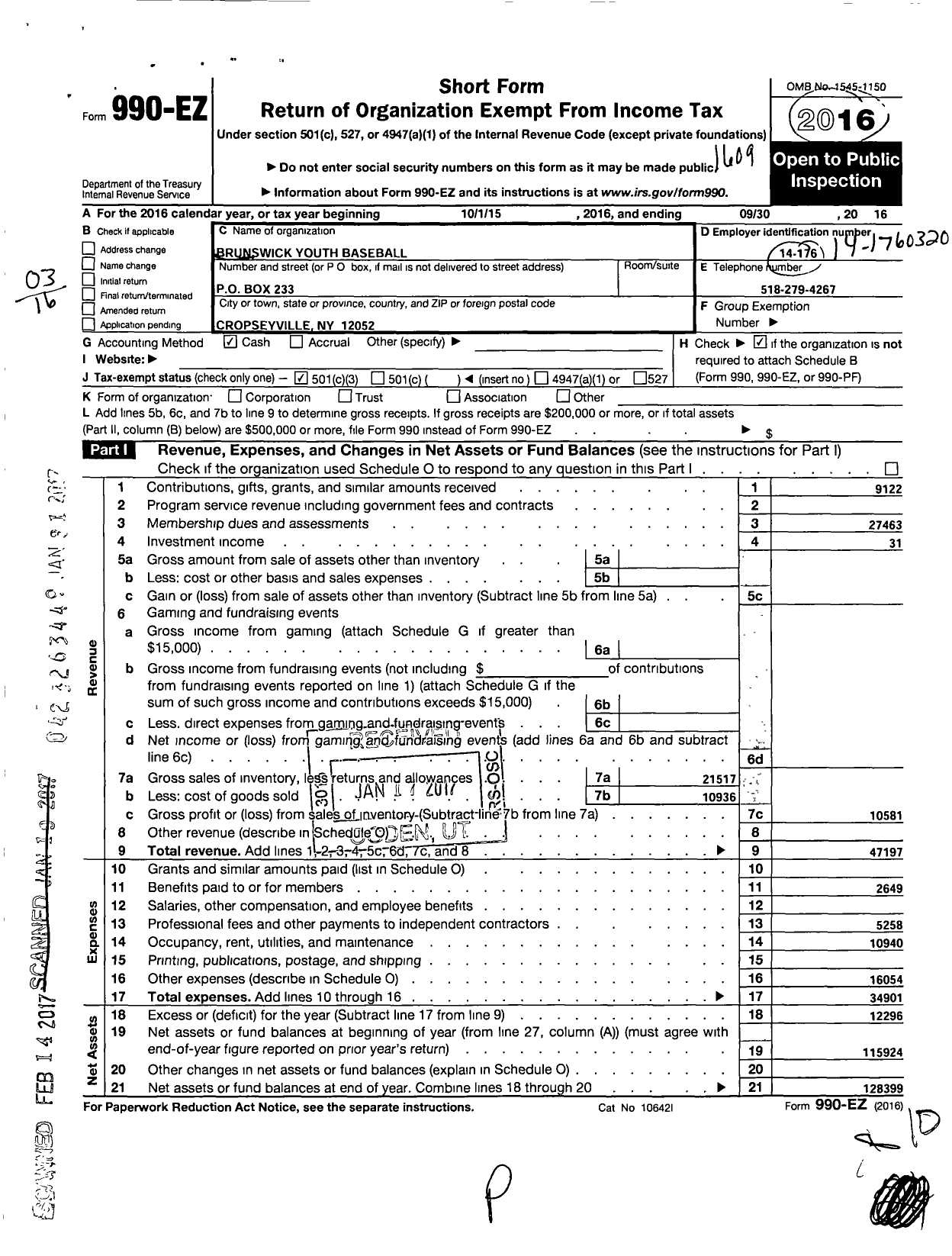 Image of first page of 2015 Form 990EZ for Brunswick Youth Baseball