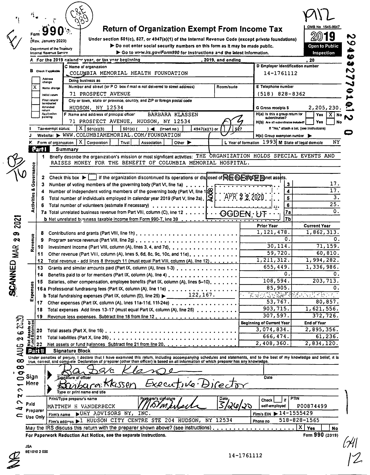Image of first page of 2019 Form 990 for Columbia-Greene Hospital Foundation