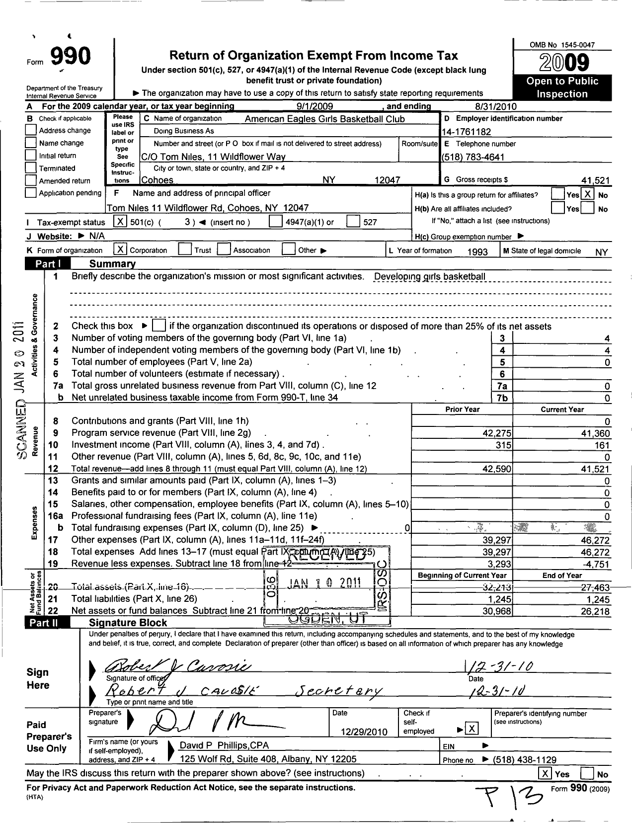 Image of first page of 2009 Form 990 for American Eagles Girls Basketball Club