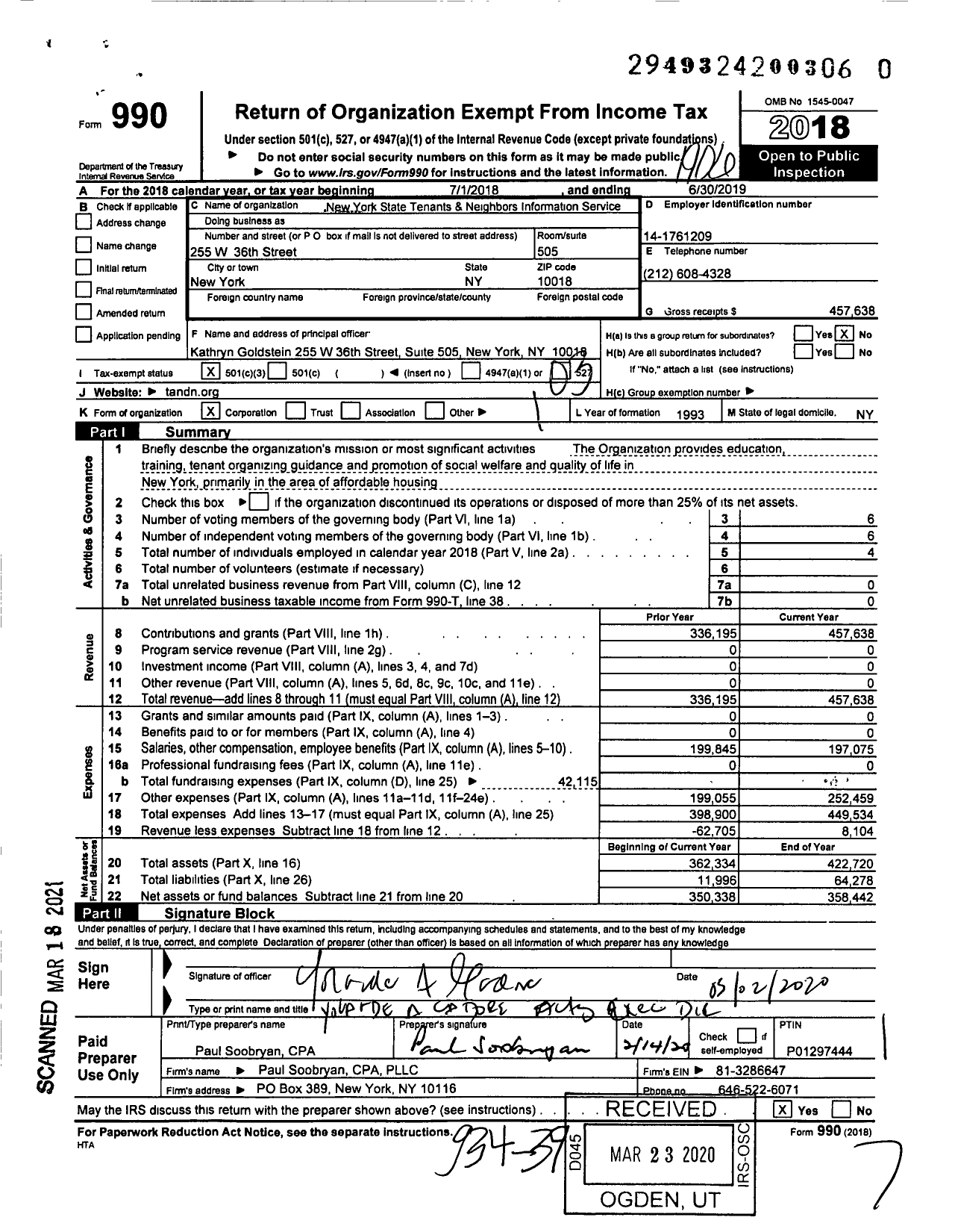 Image of first page of 2018 Form 990 for New York State Tenants & Neighbors Information Service (NYSTNIS)