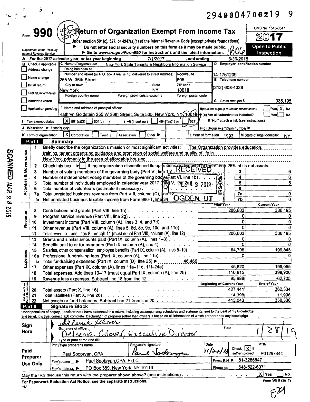 Image of first page of 2017 Form 990 for New York State Tenants & Neighbors Information Service (NYSTNIS)