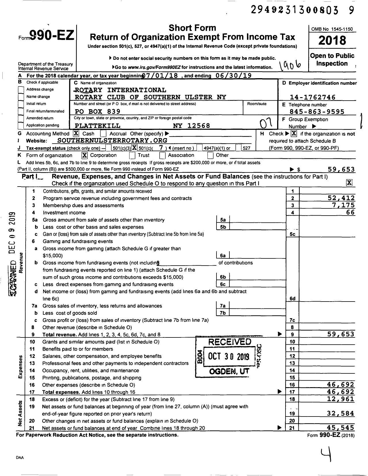 Image of first page of 2018 Form 990EO for Rotary International - Rotary Club of Southern Ulster Ny