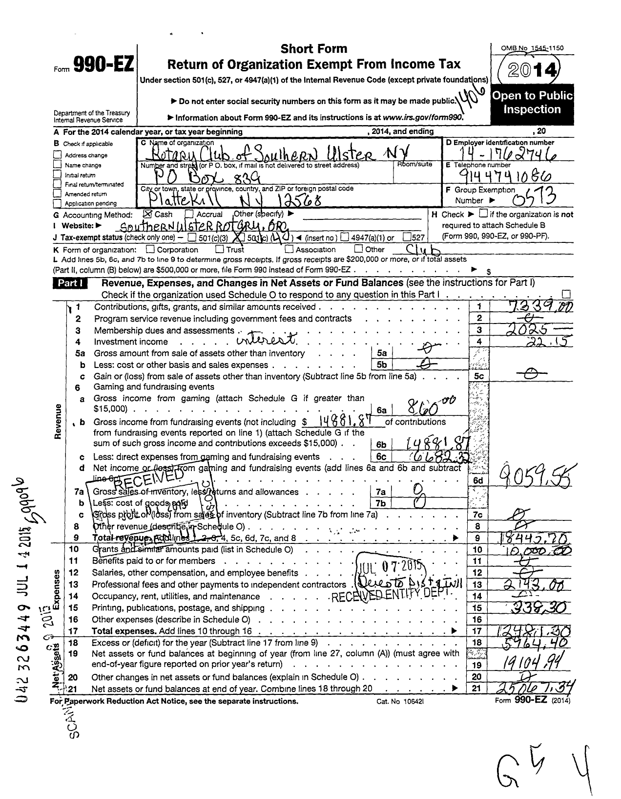 Image of first page of 2013 Form 990EO for Rotary International - Rotary Club of Southern Ulster Ny