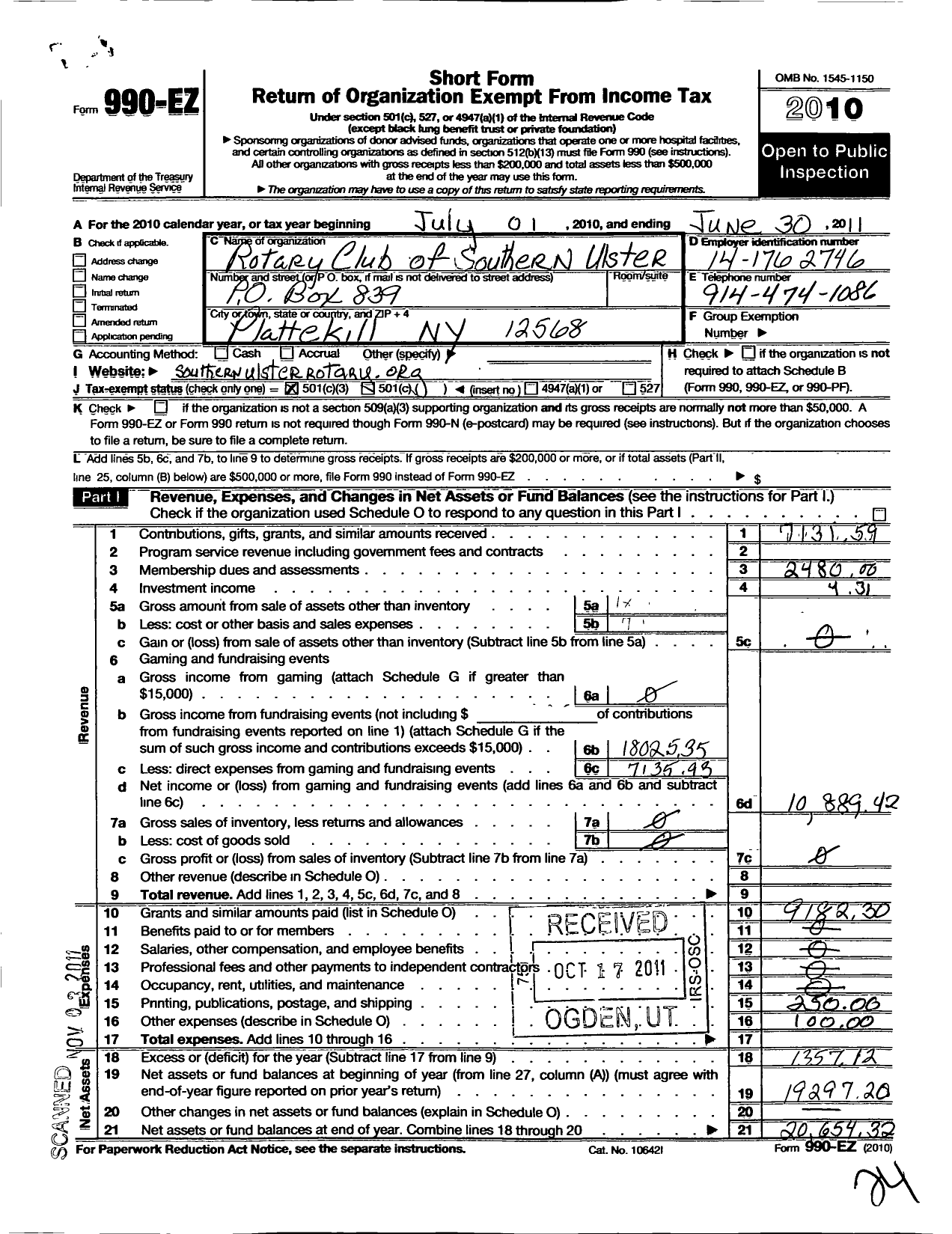 Image of first page of 2010 Form 990EZ for Rotary International - Rotary Club of Southern Ulster Ny