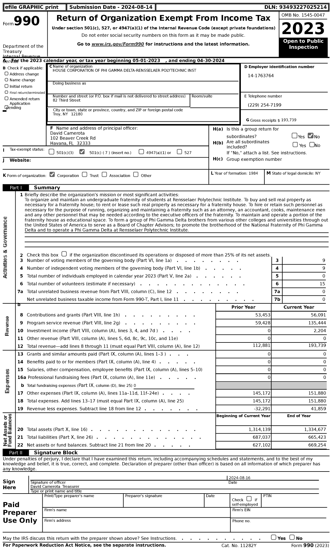 Image of first page of 2023 Form 990 for PHI GAMMA DELTA Fraternity - HOUSE CORPORATION OF PHI GAMMA DELTA At Rpi