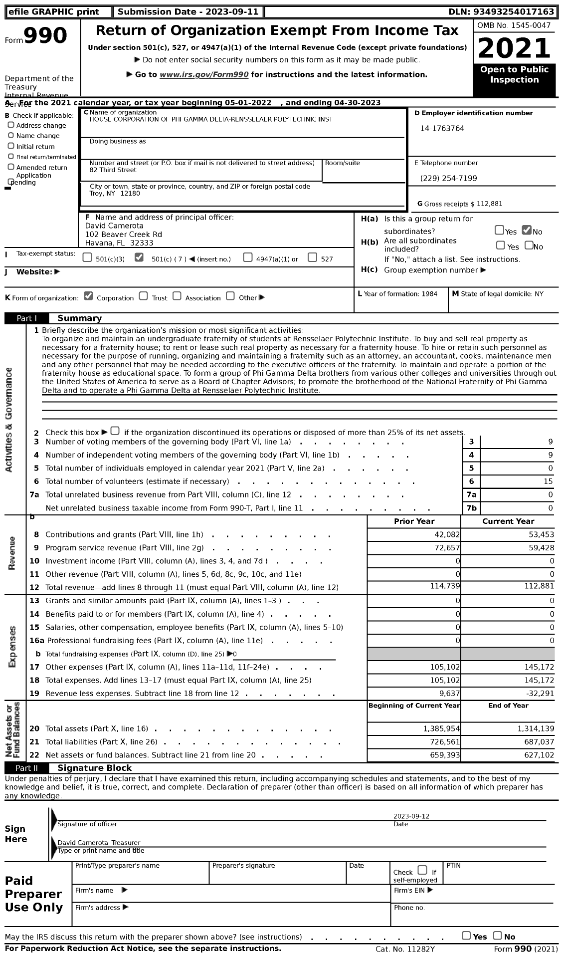 Image of first page of 2022 Form 990 for PHI GAMMA DELTA Fraternity - HOUSE CORPORATION OF PHI GAMMA DELTA At Rpi