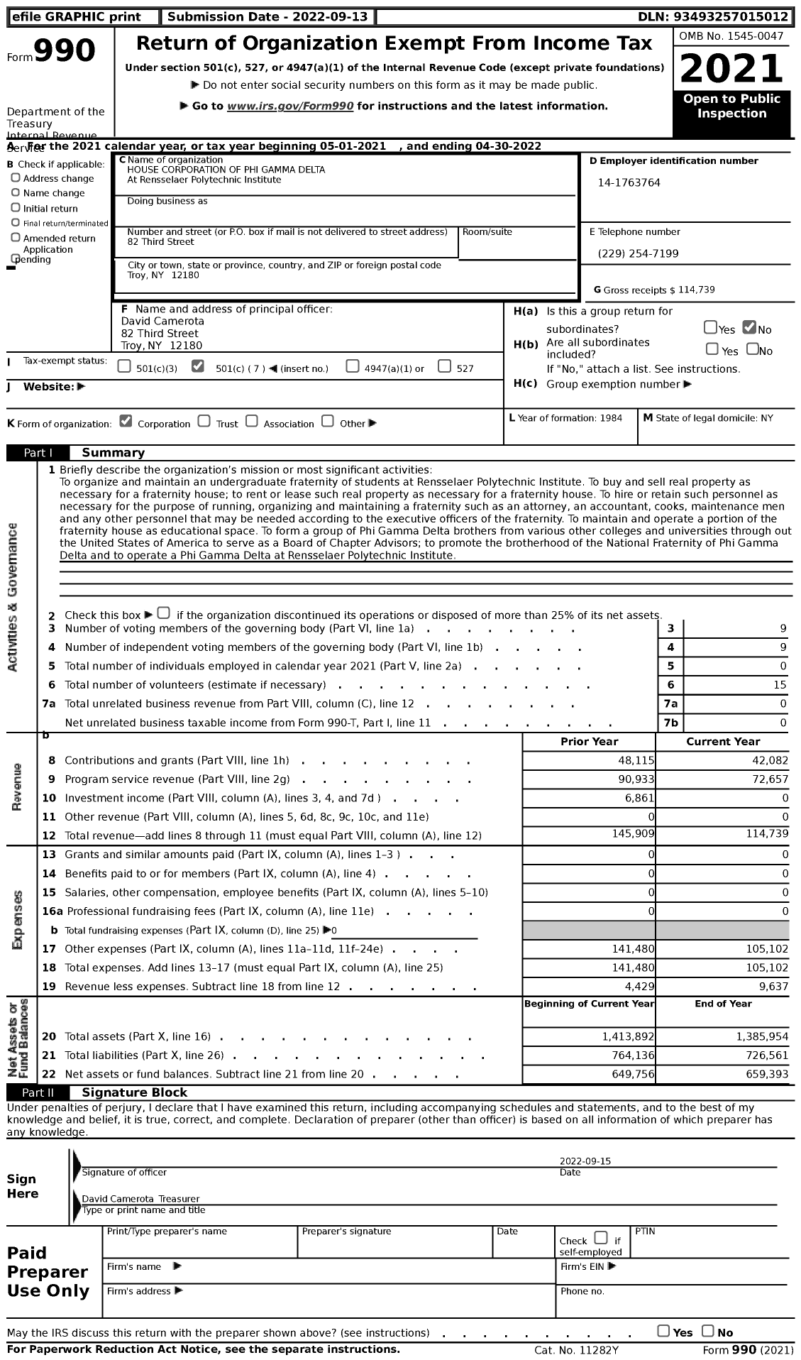 Image of first page of 2021 Form 990 for PHI GAMMA DELTA Fraternity - HOUSE CORPORATION OF PHI GAMMA DELTA At Rpi