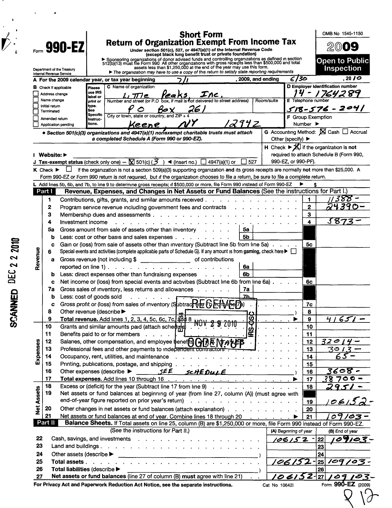Image of first page of 2009 Form 990EZ for Little Peaks